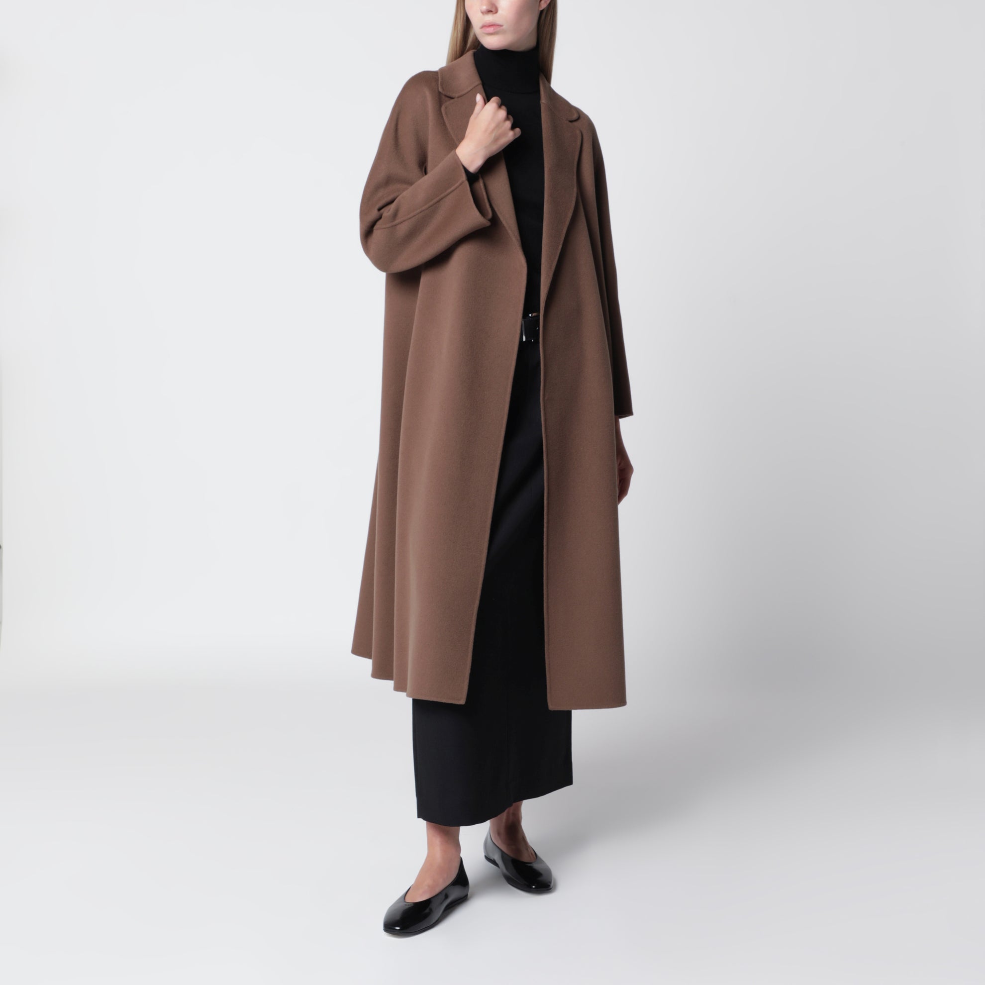 Brown midi coat in wool drap