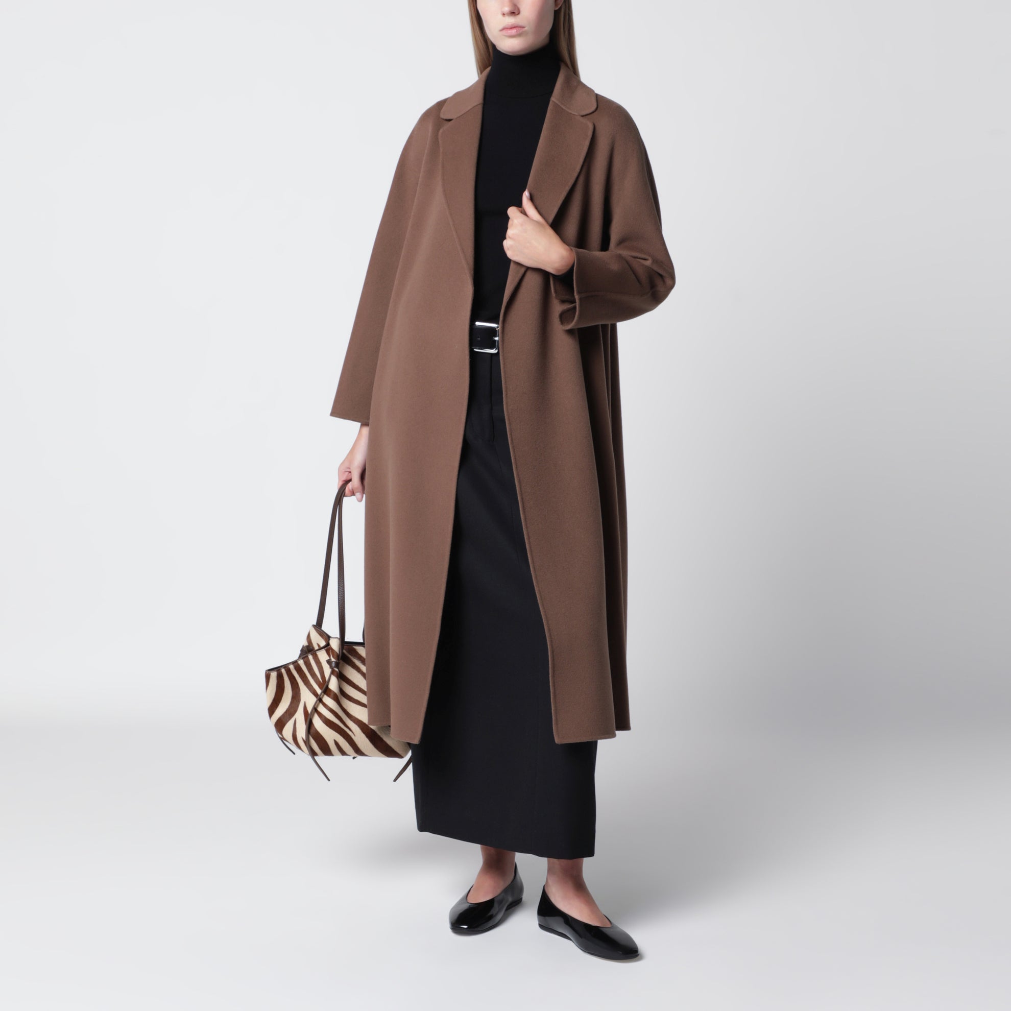 Brown midi coat in wool drap