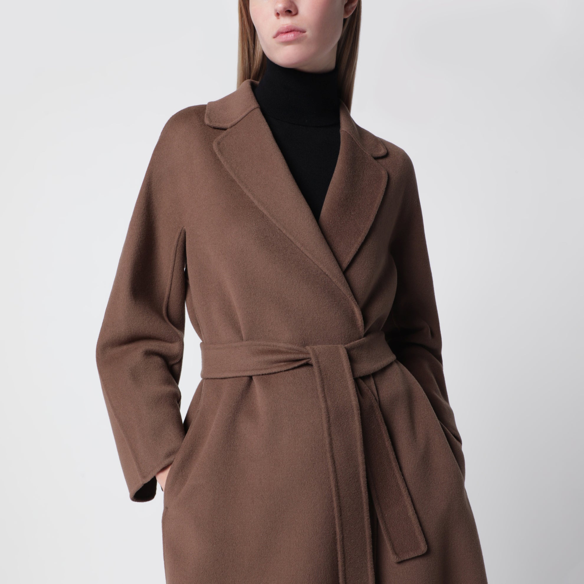 Brown midi coat in wool drap