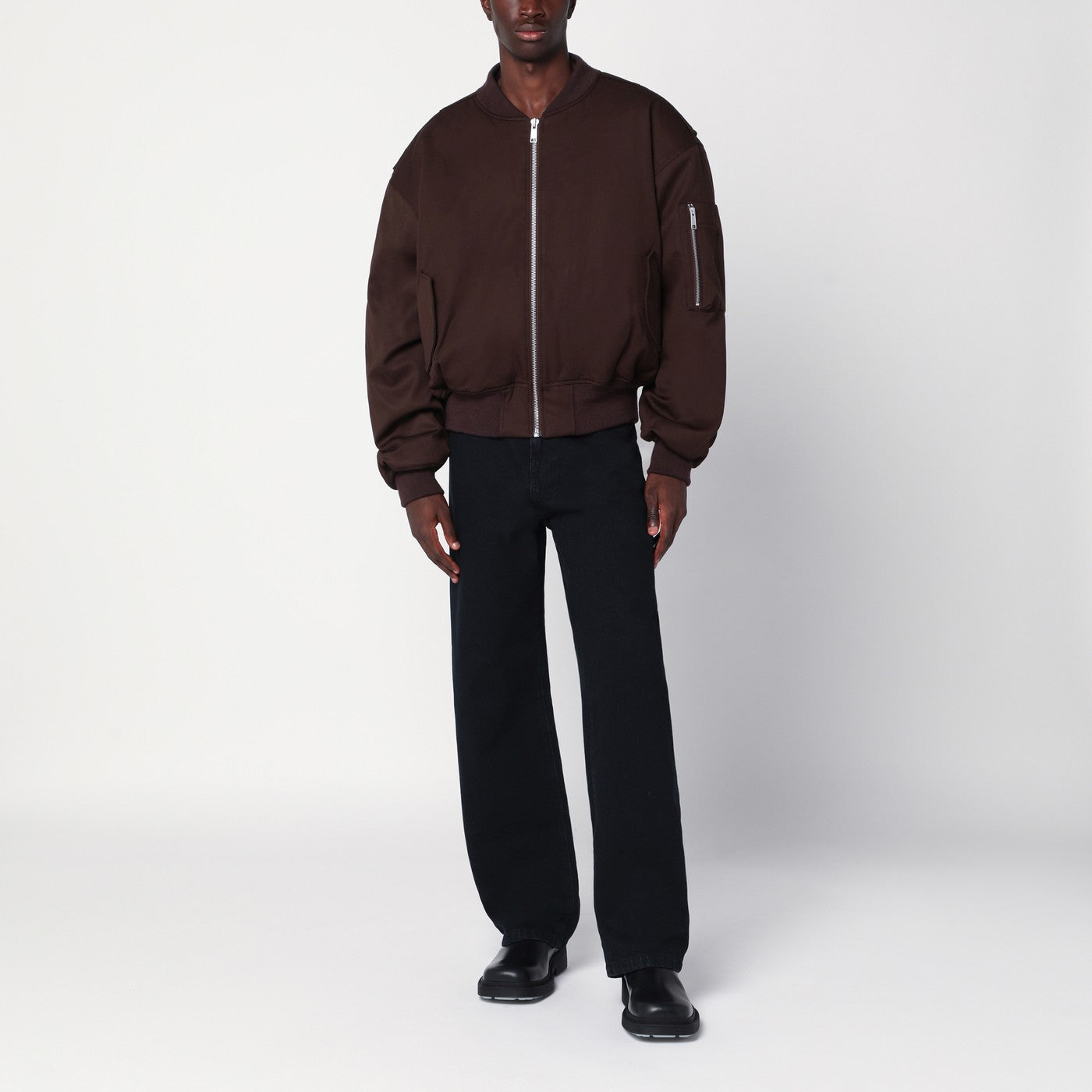 Dark brown zip-up bomber jacket in wool