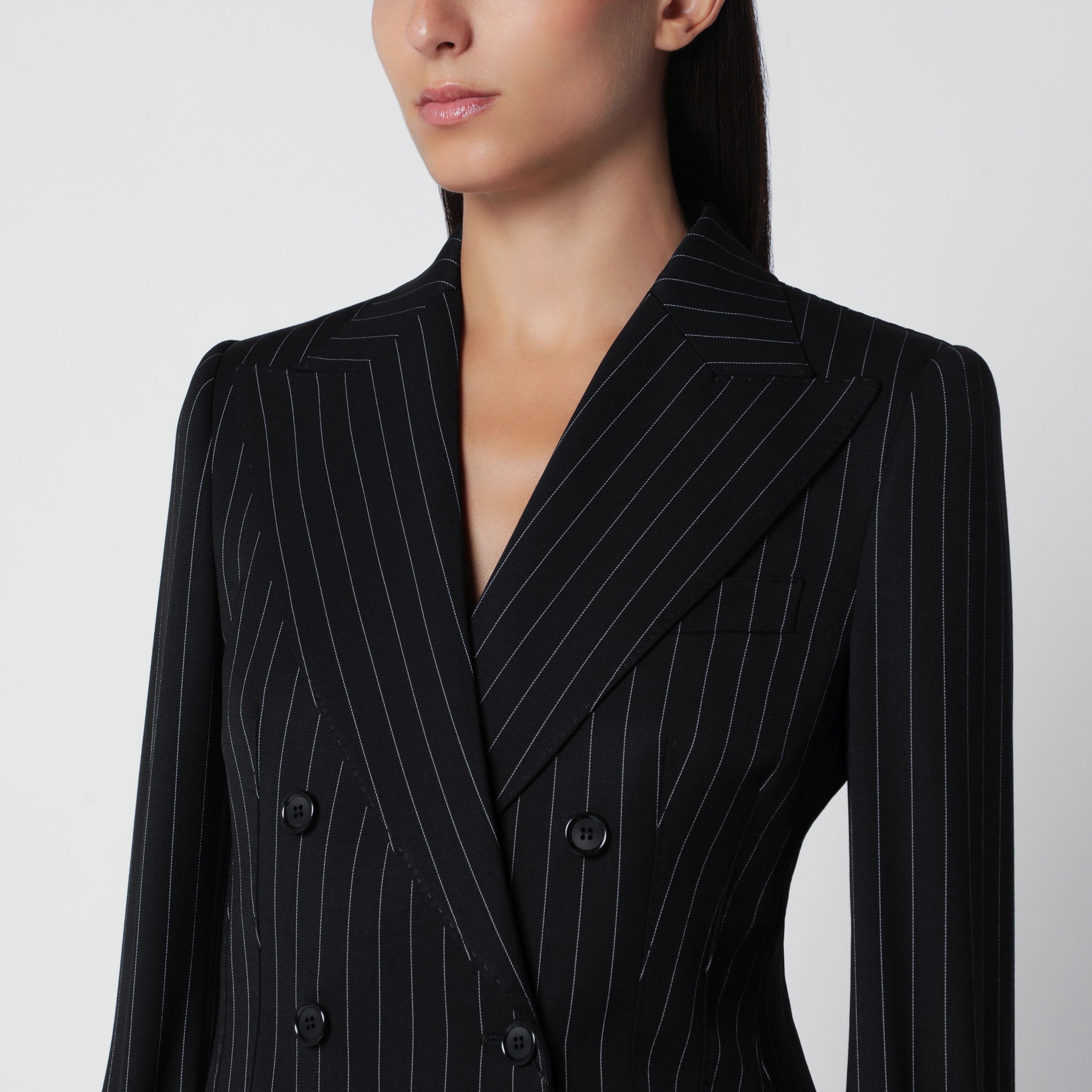 Blazer doppiopetto gessato nero in lana vergine