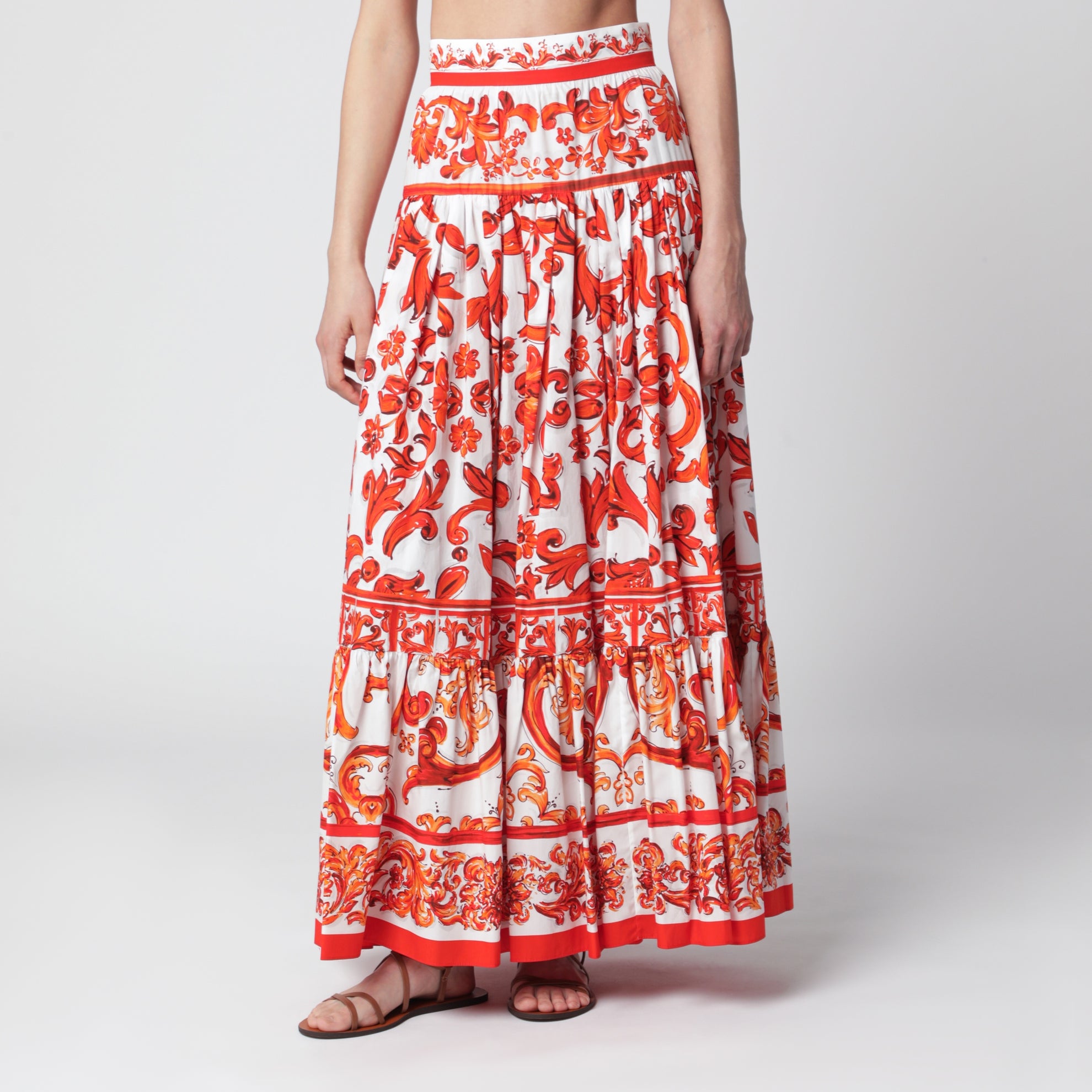 Long Maiolica-print cotton poplin skirt in orange