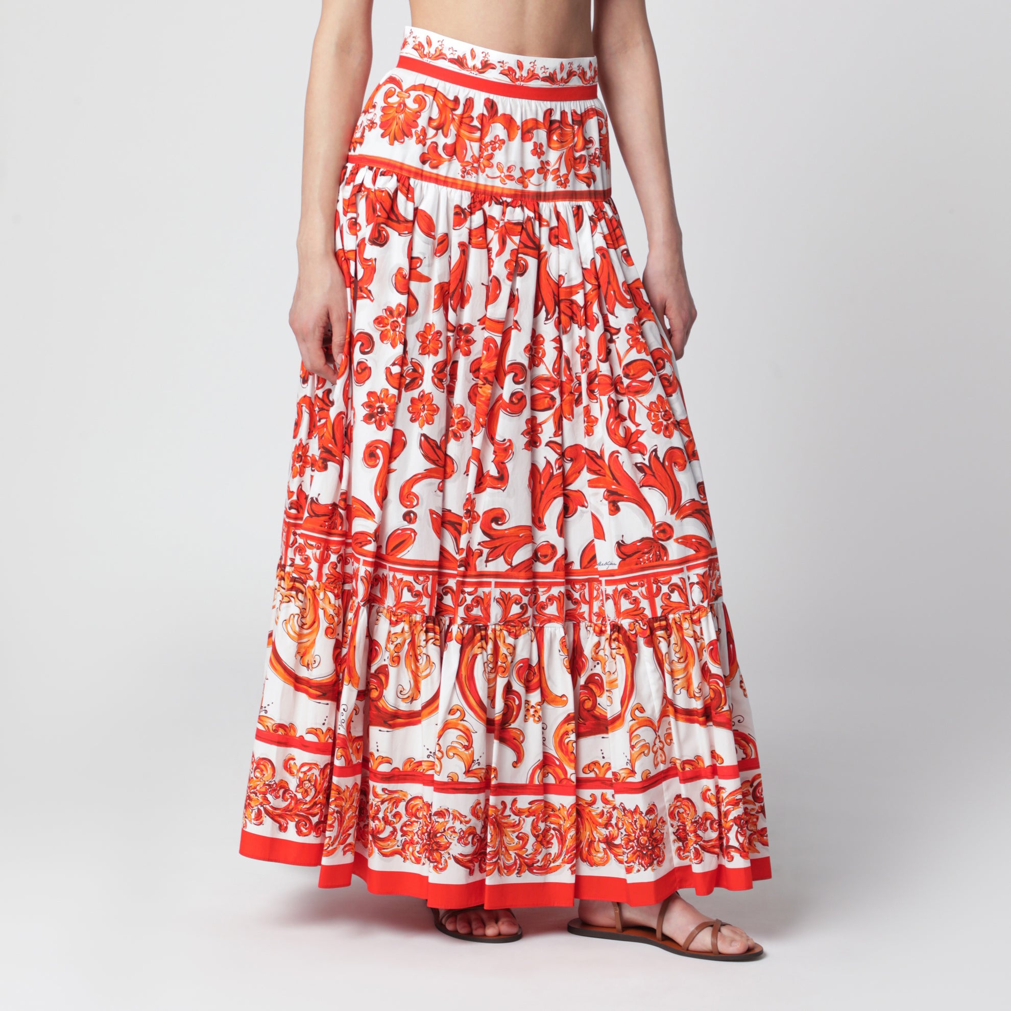 Long Maiolica-print cotton poplin skirt in orange