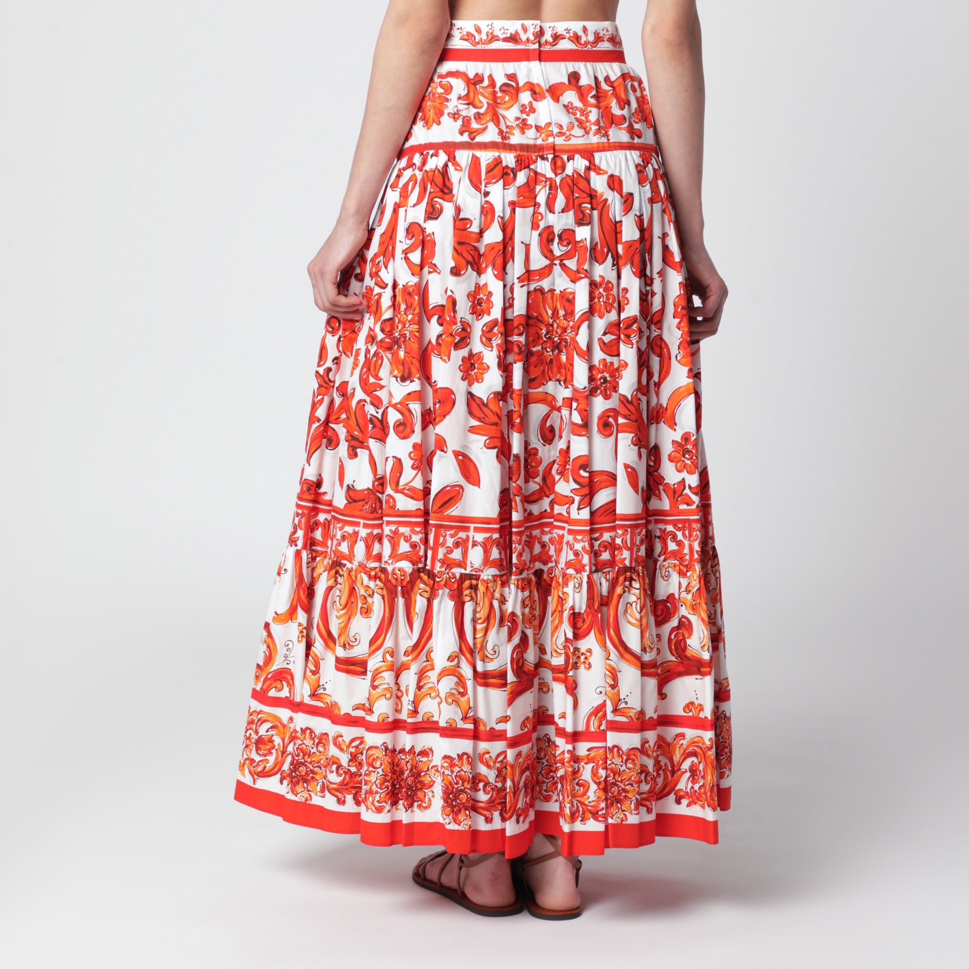 Long Maiolica-print cotton poplin skirt in orange