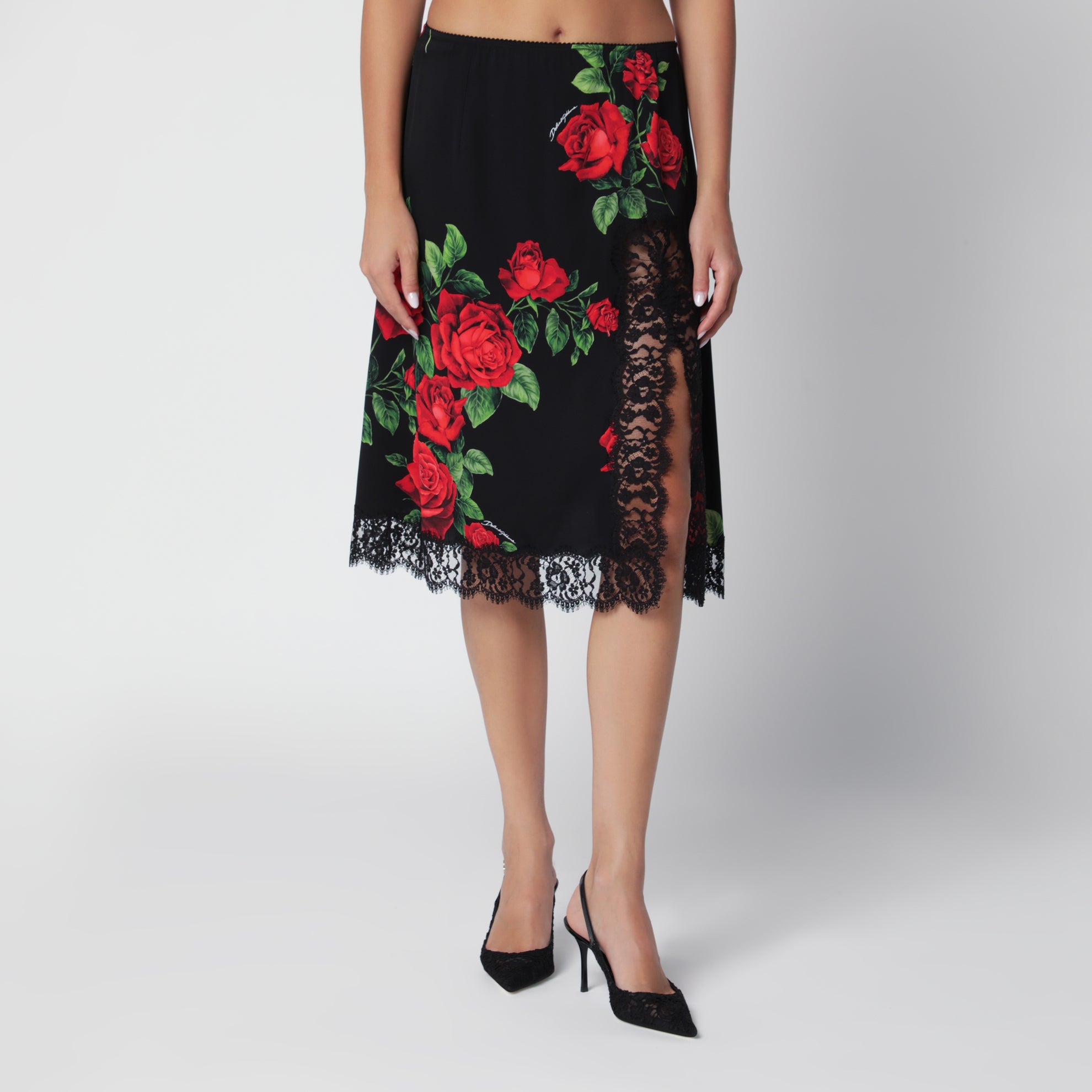 Rock mit Blumenmuster aus Seidenmischung und Spitze