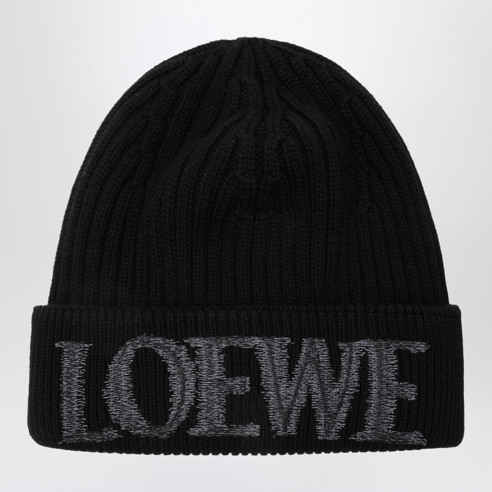 Black wool beanie with logo embroidery