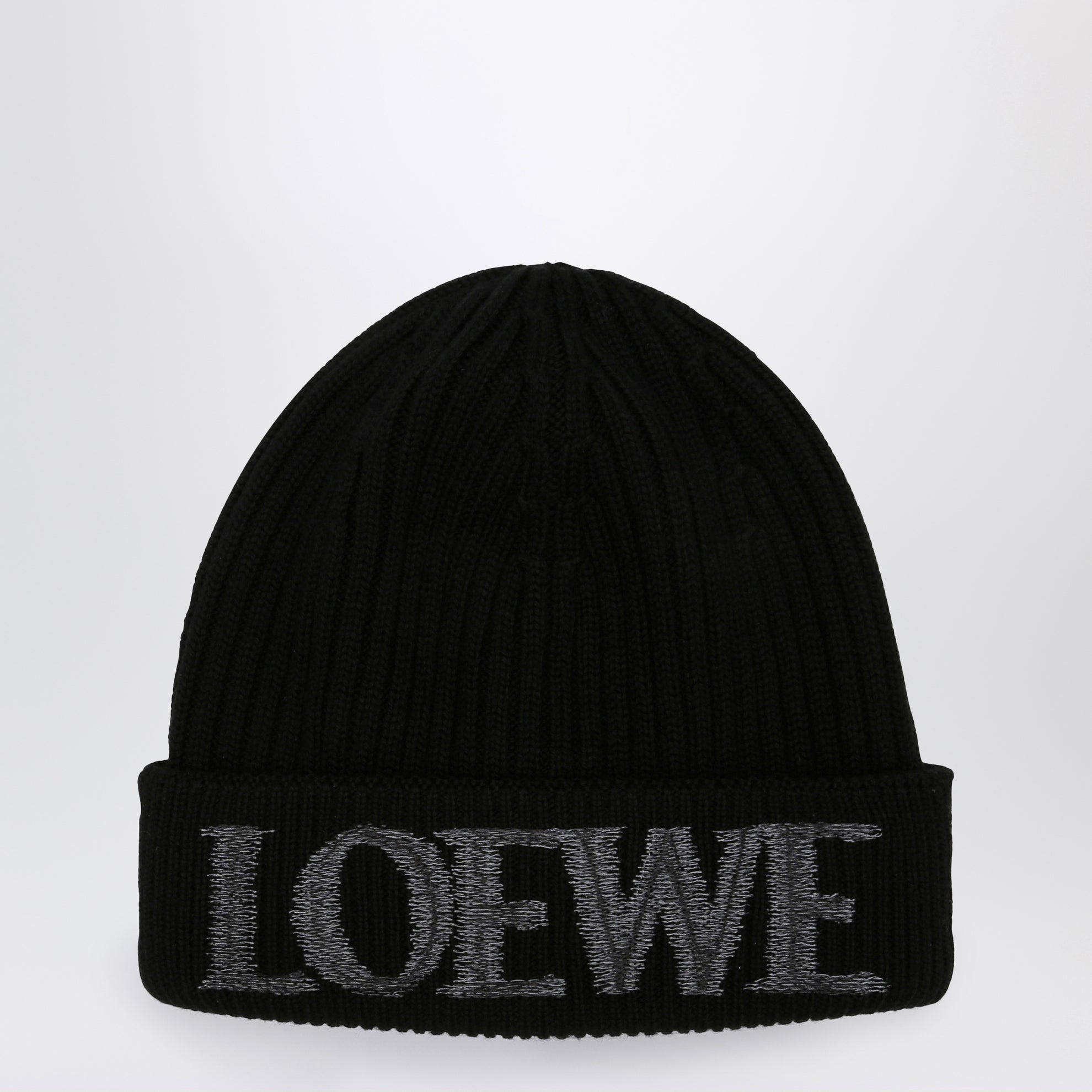Black wool beanie with logo embroidery