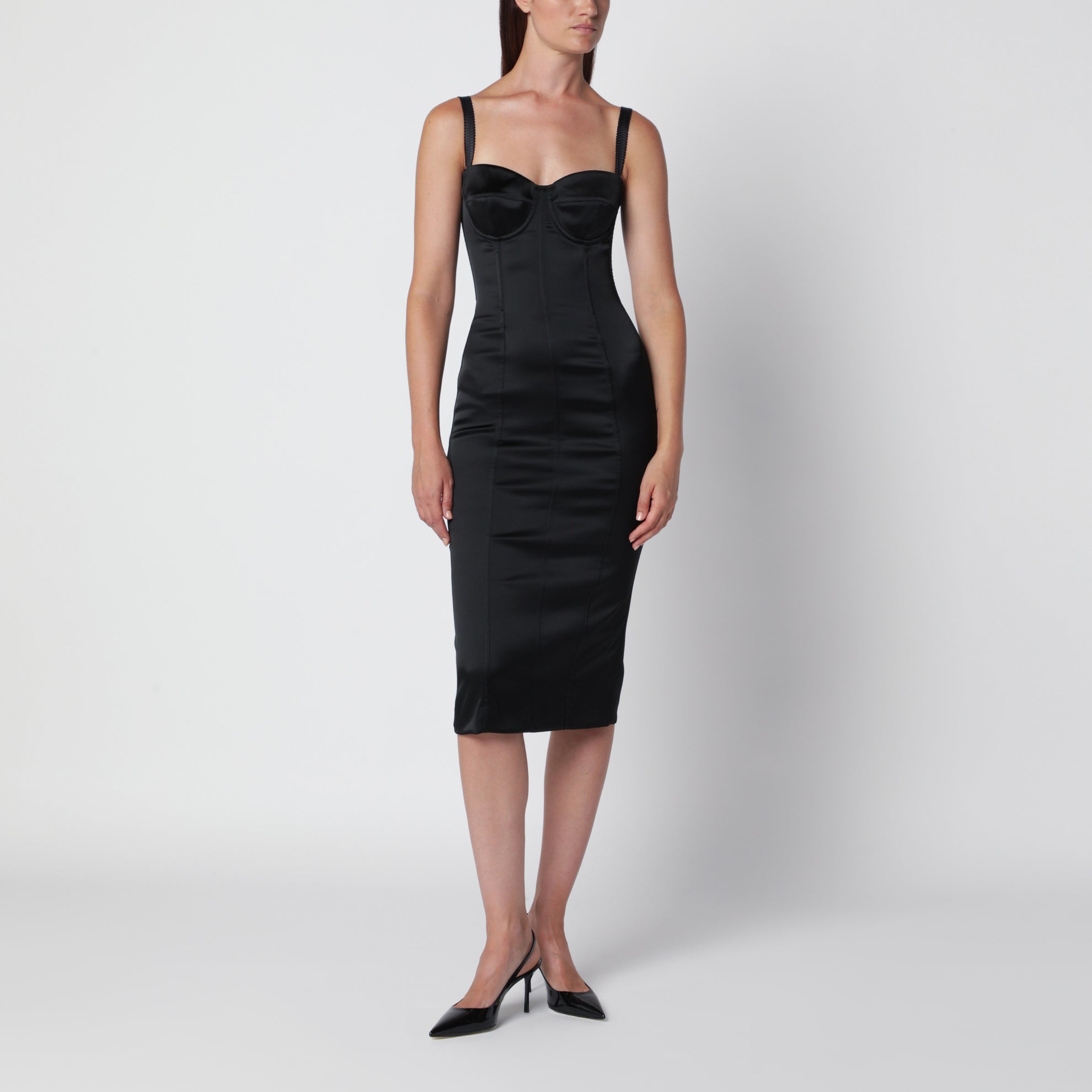 Black satin bustier dress