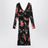 Draped satin dress with Bouquet rose print in black