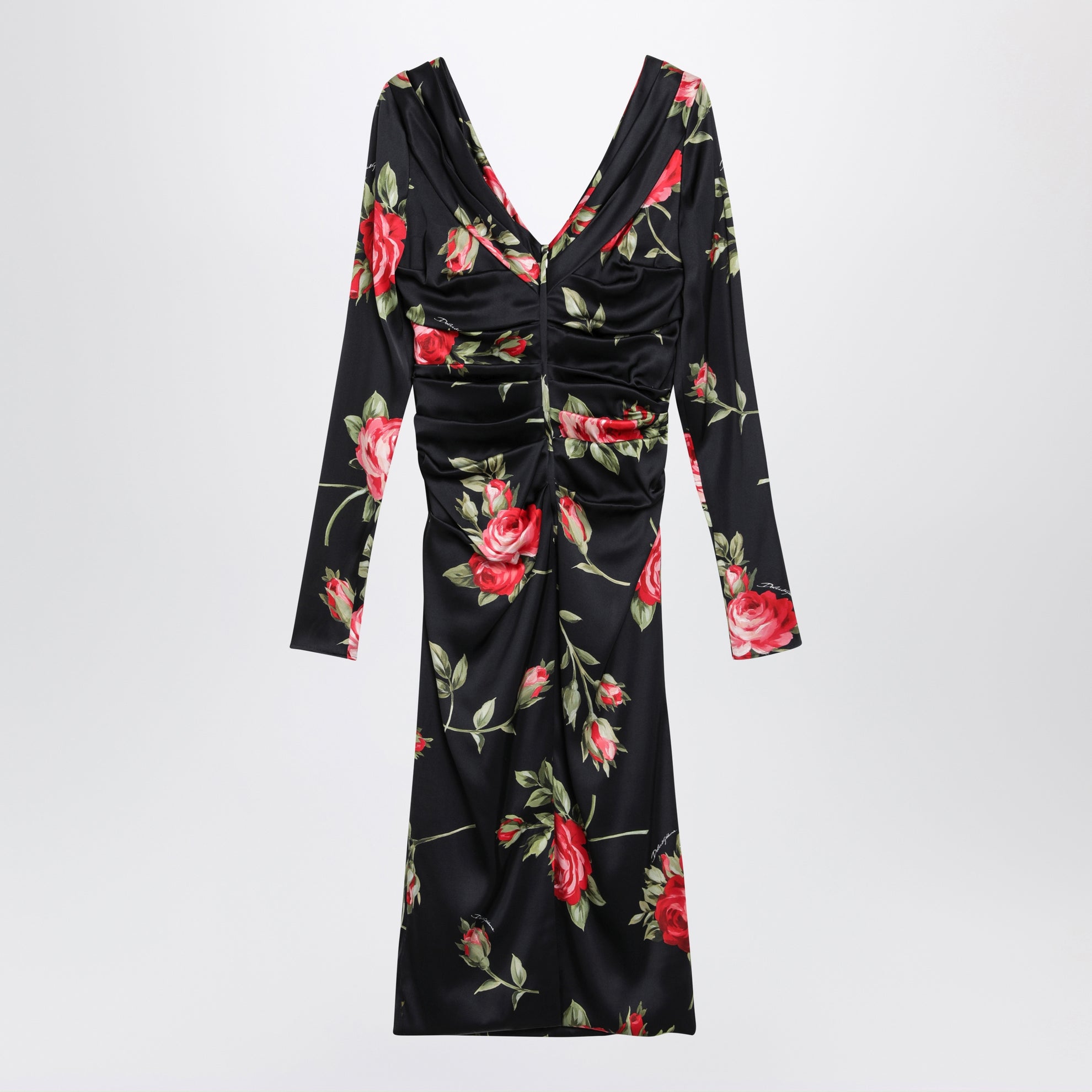 Draped satin dress with Bouquet rose print in black