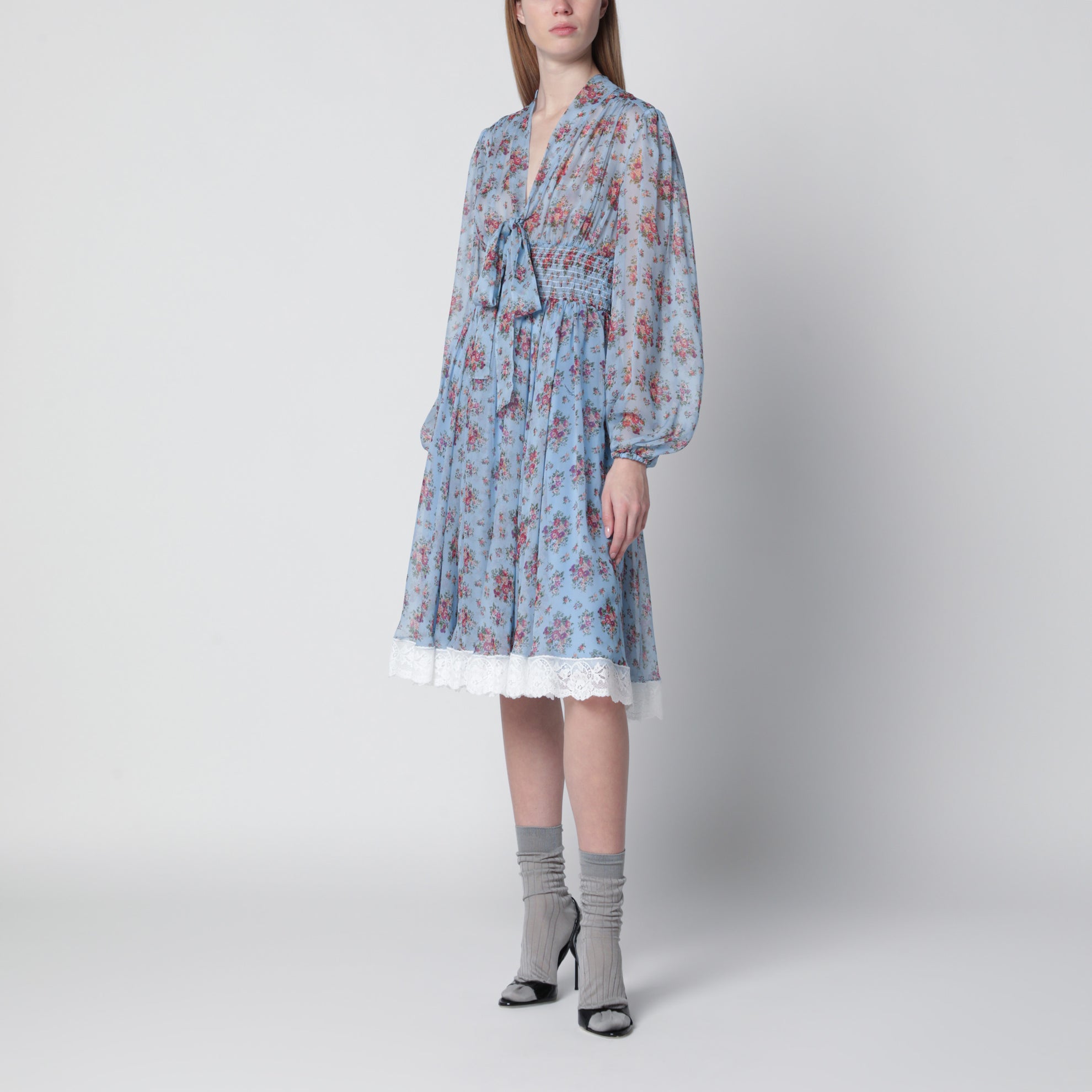 Floral bouquet-print chiffon dress in light blue