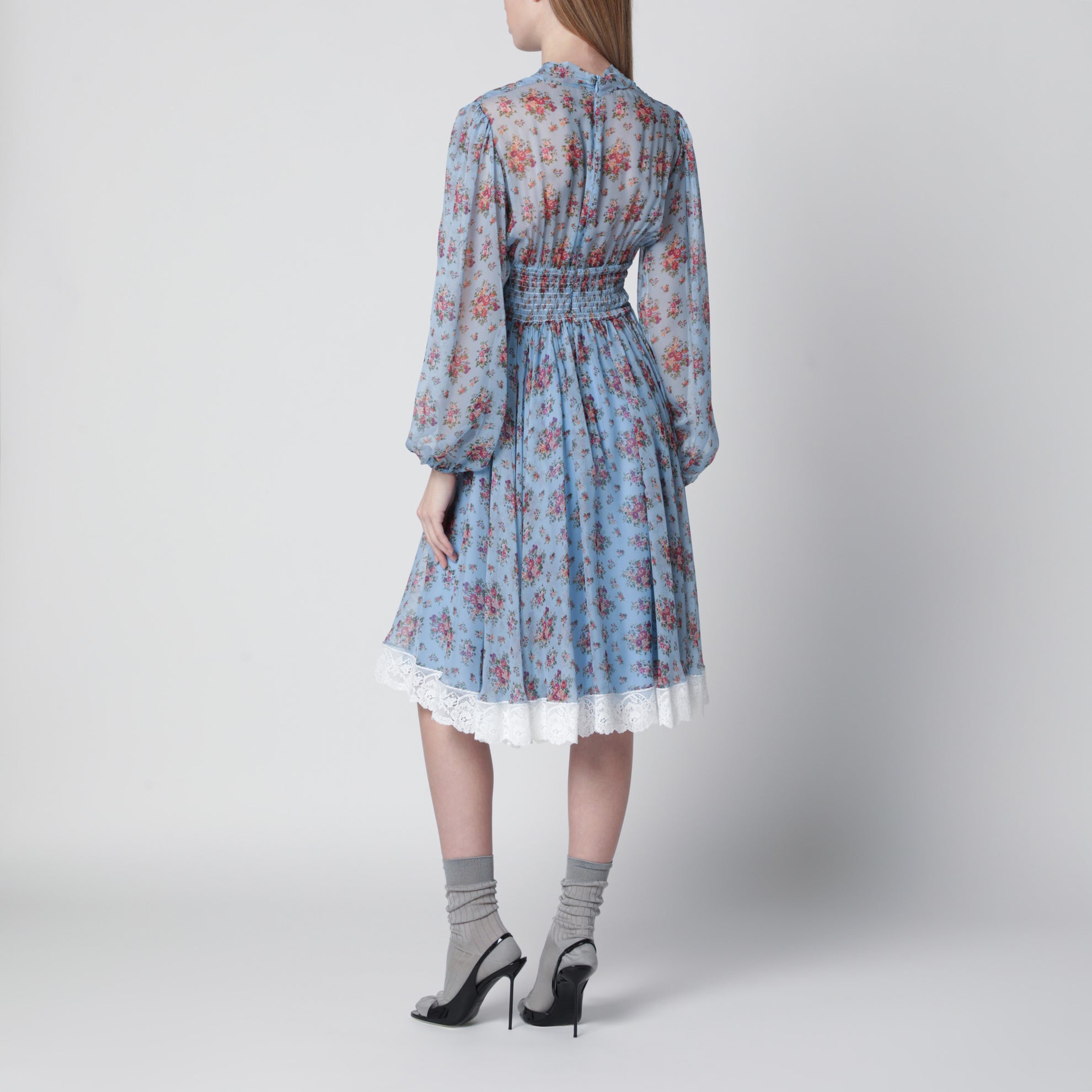 Floral bouquet-print chiffon dress in light blue