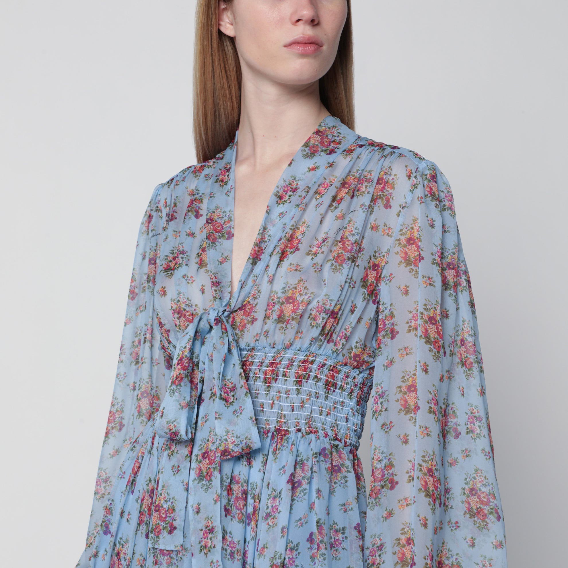 Floral bouquet-print chiffon dress in light blue