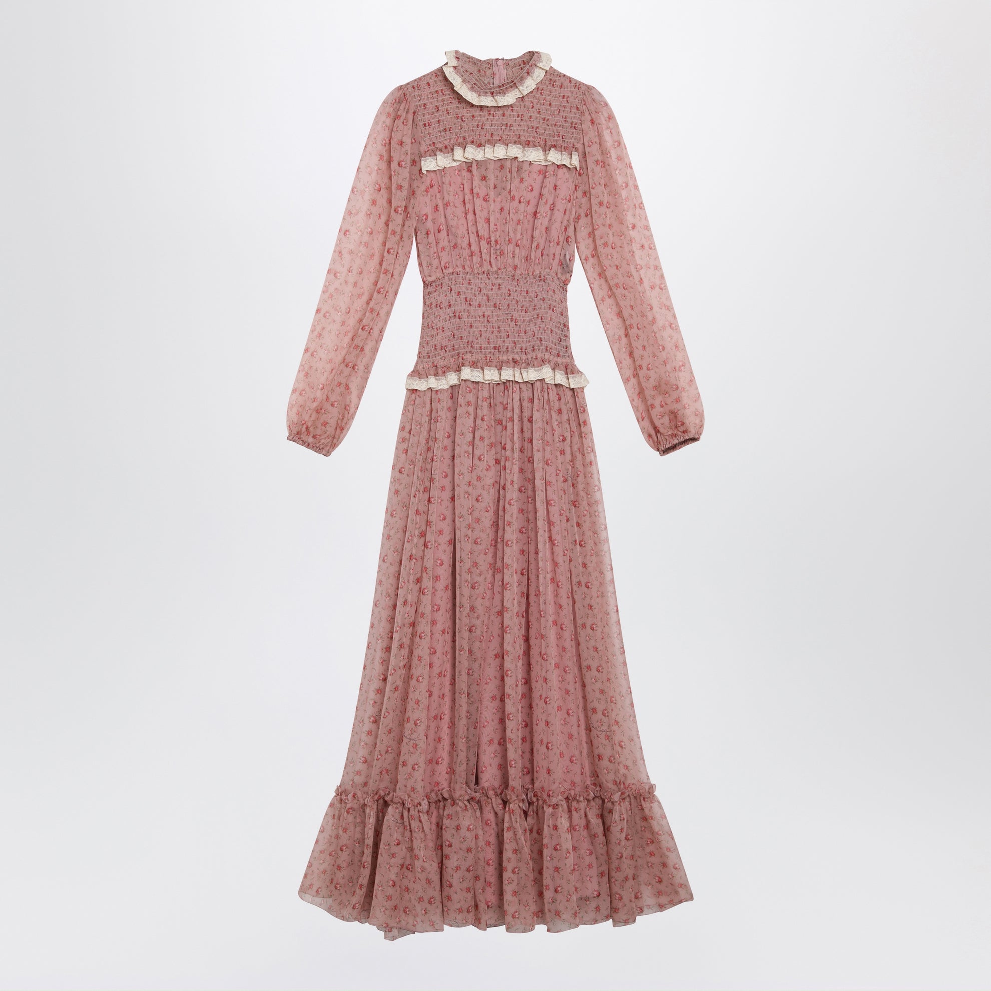 DOLCE E GABBANA Long Roselline silk chiffon dress with rose print, pink