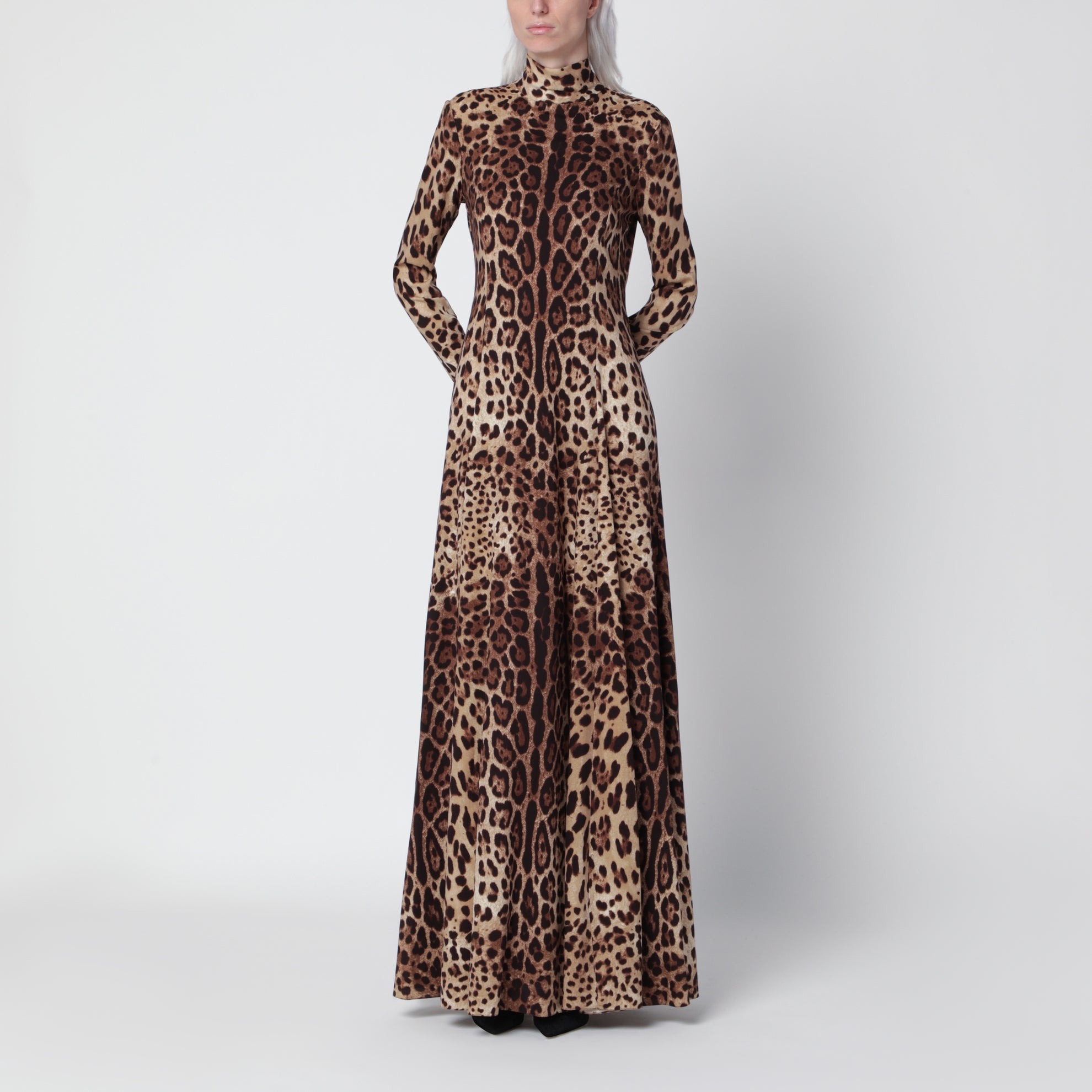 Long leopard-print dress in silk blend