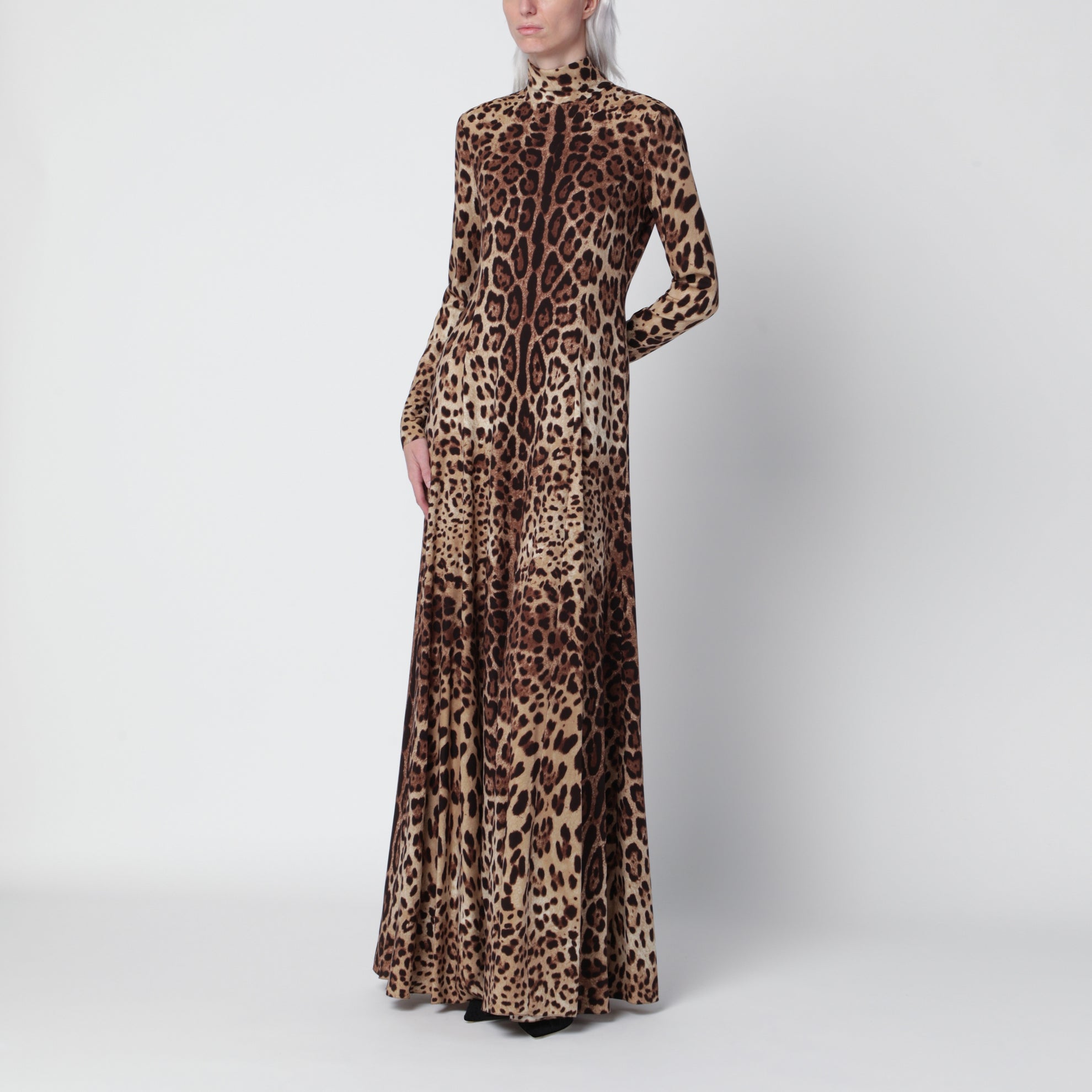 Long leopard-print dress in silk blend
