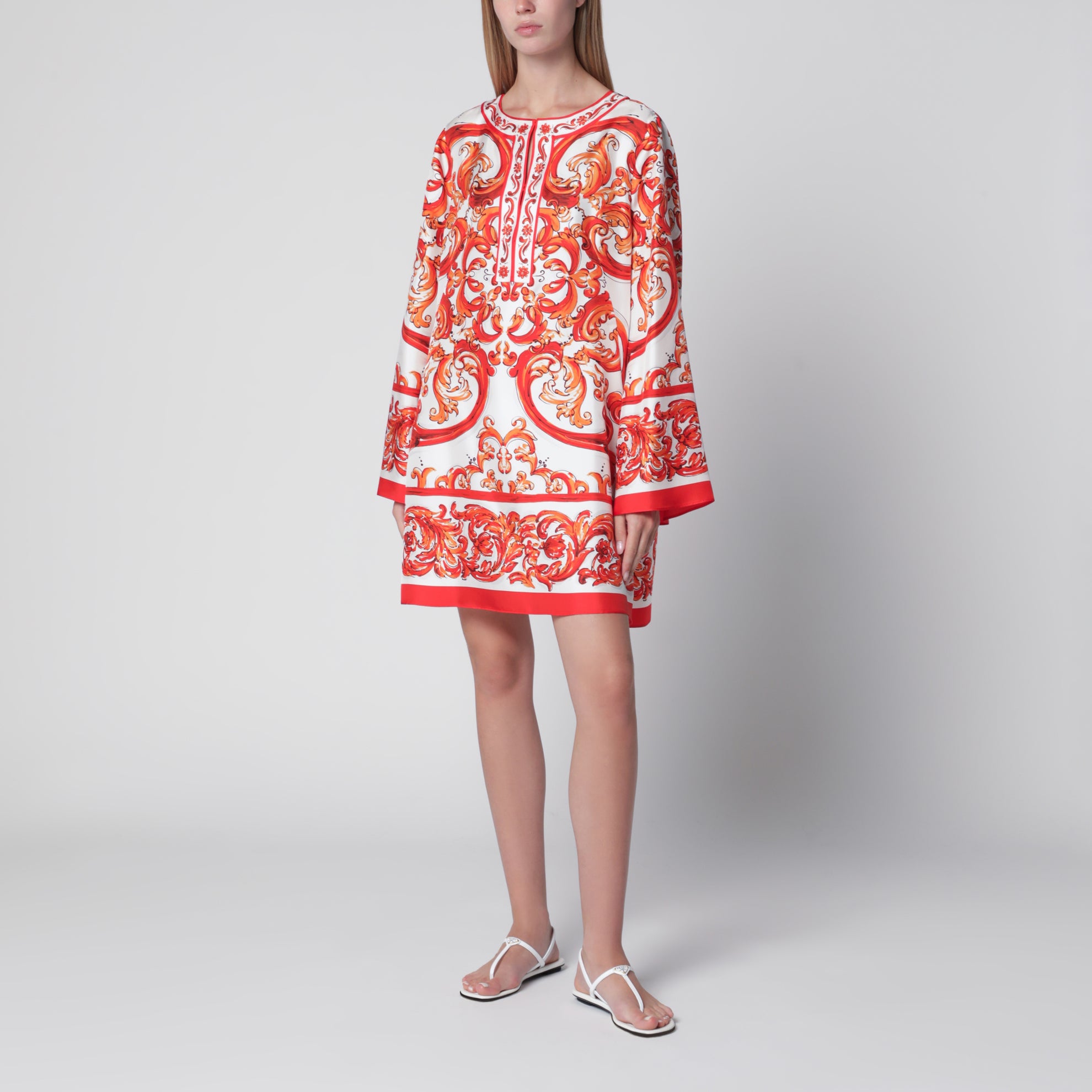 Kaftankleid aus Seidentwill mit Maiolica-Print, mehrfarbig