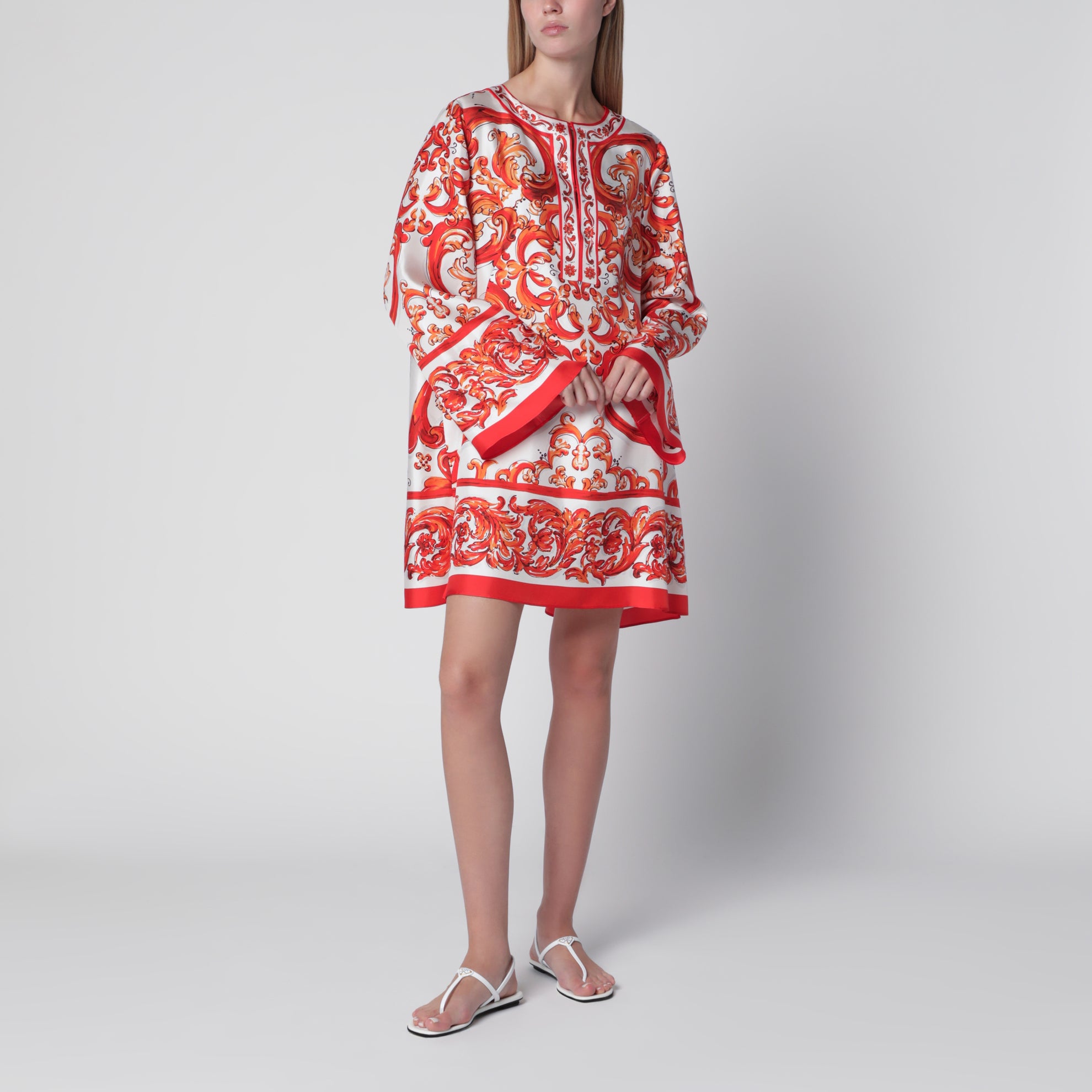Kaftankleid aus Seidentwill mit Maiolica-Print, mehrfarbig