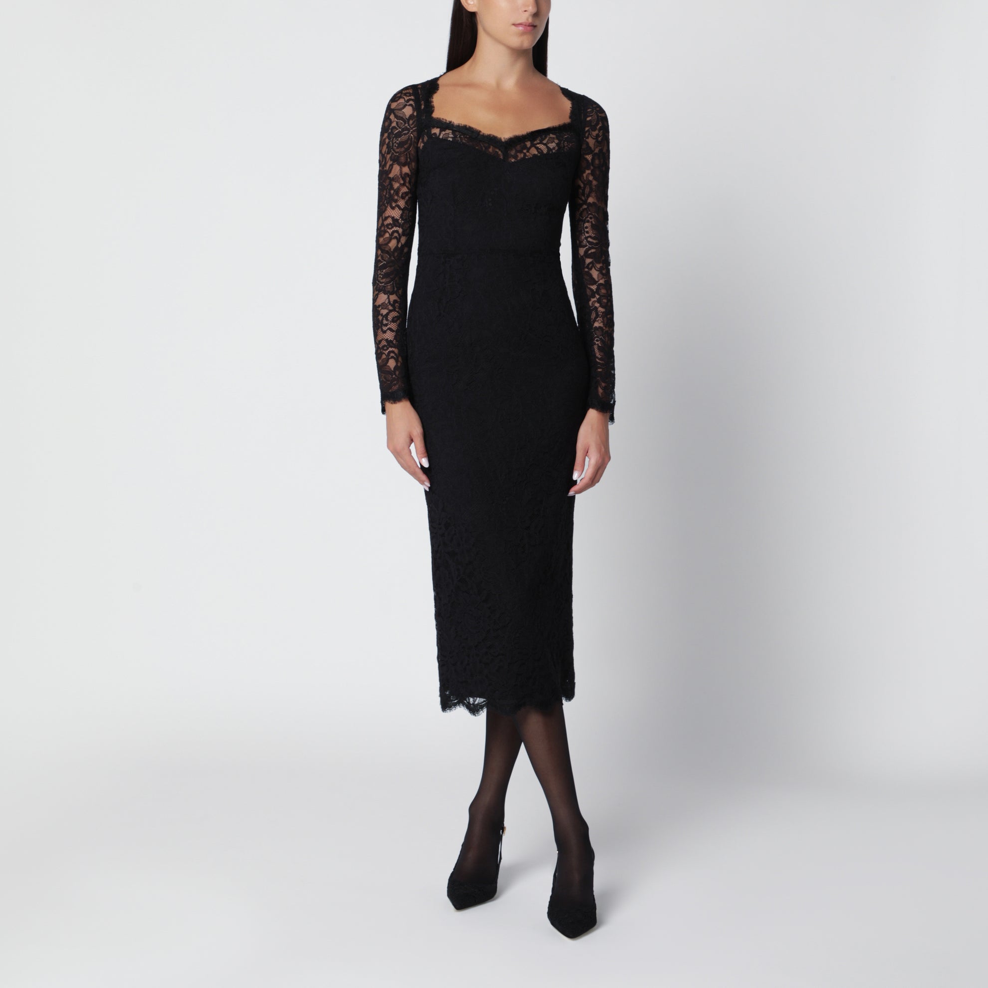 Black Floral Lace Midi Dress