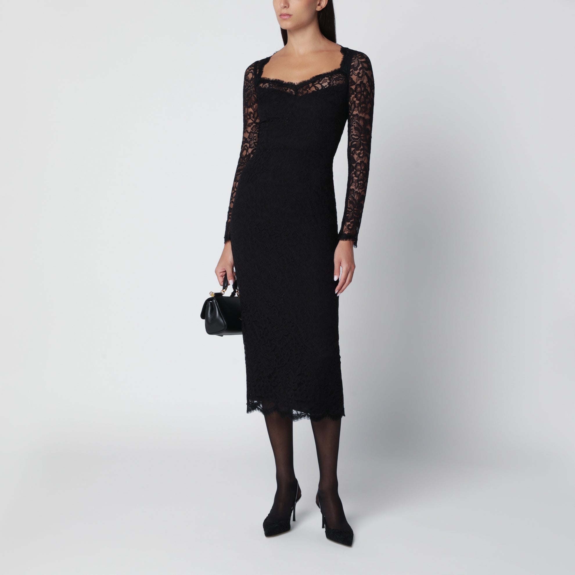 Black Floral Lace Midi Dress