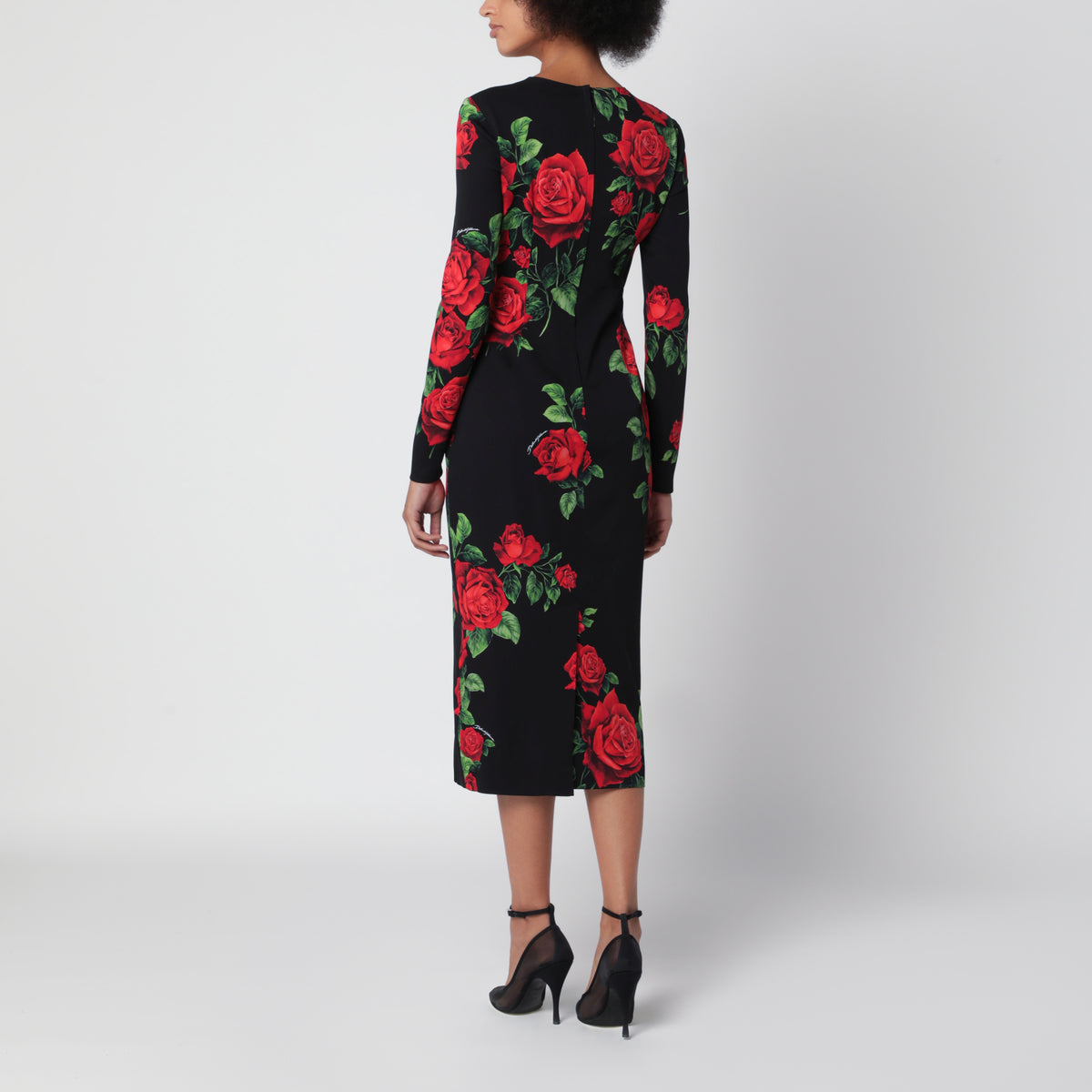 Robe midi à imprimé roses en charmeuse de soie