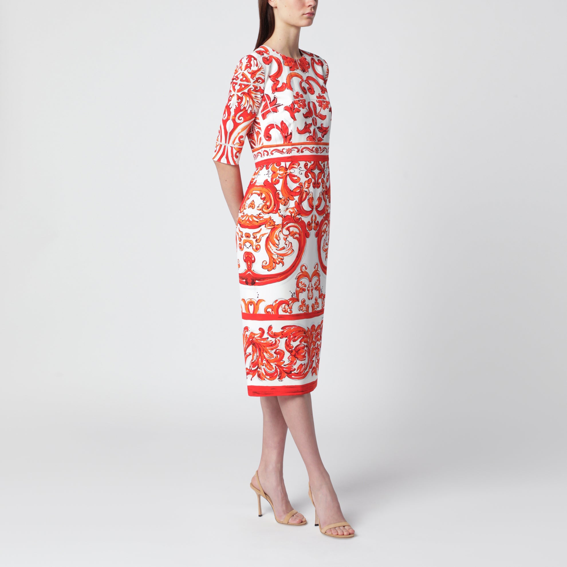 Fitted Maiolica-print silk charmeuse dress in orange