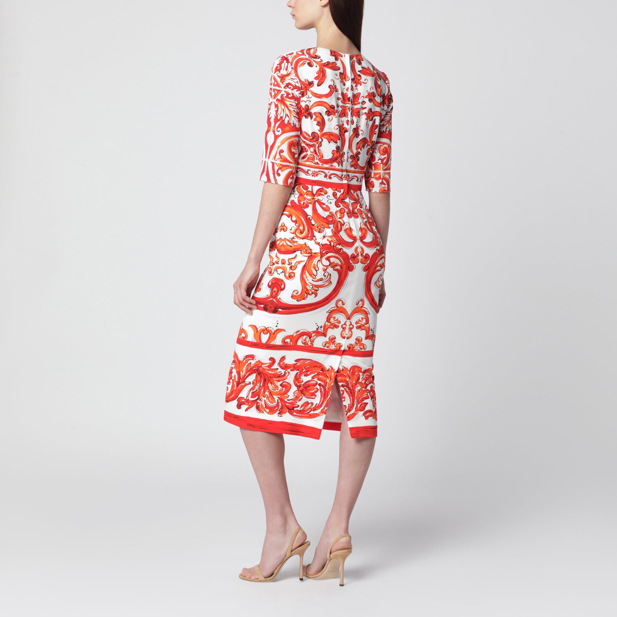Fitted Maiolica-print silk charmeuse dress in orange