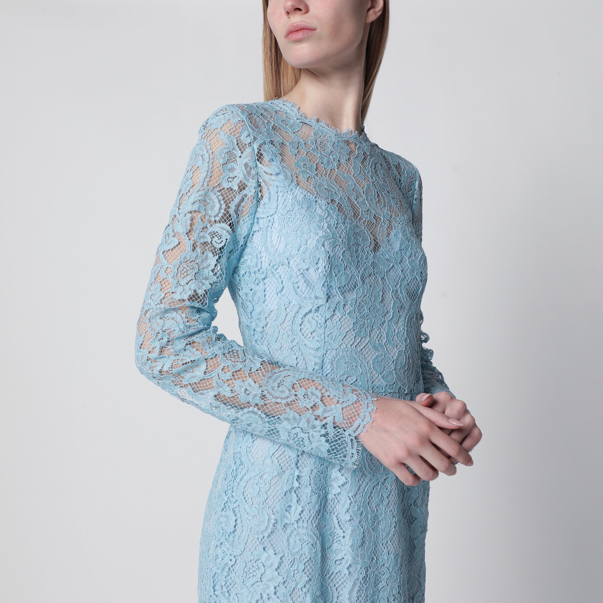 DOLCE E GABBANA Light blue cotton-blend corded lace sheath dress | TheDoubleF DOLCE E GABBANA Light blue cotton-blend corded lace sheath dress | TheDoubleF