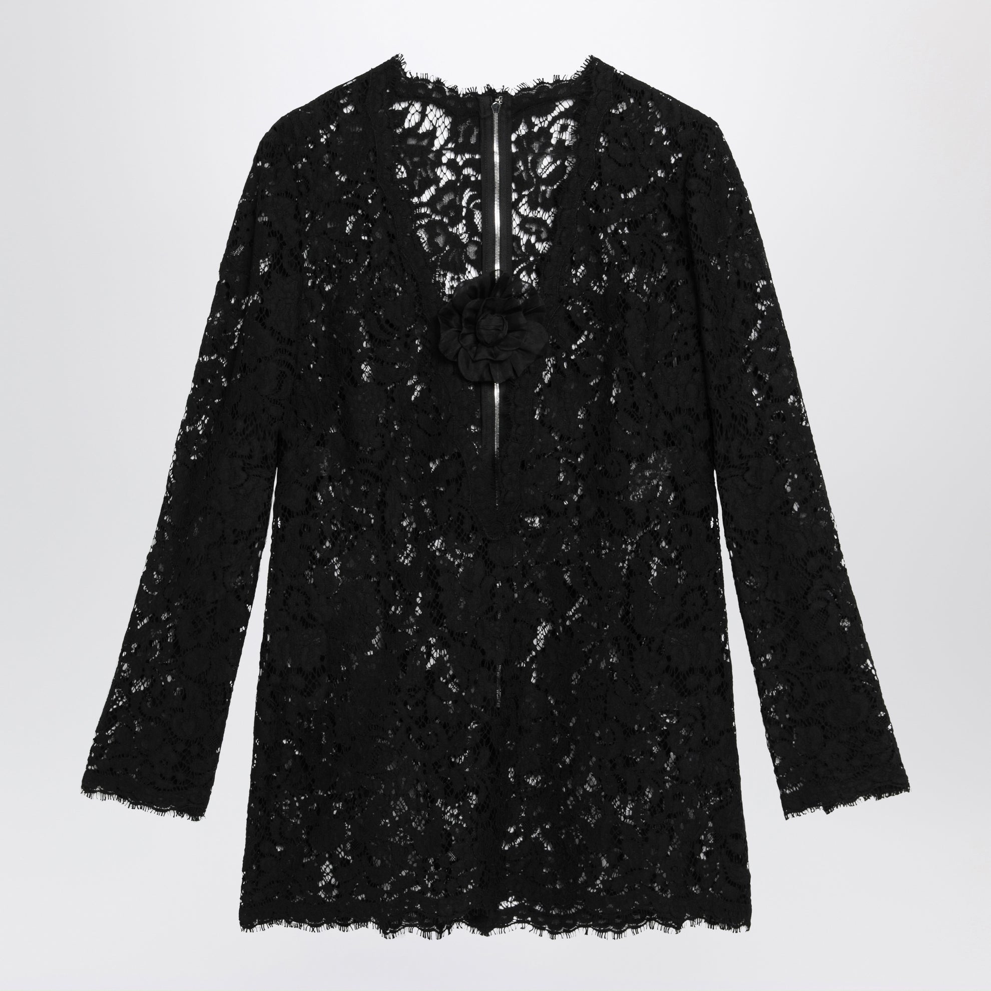 green emerald velvet dress Black Floral Lace Long Sleeve Ruffle Hem Mini Dress main image 0
