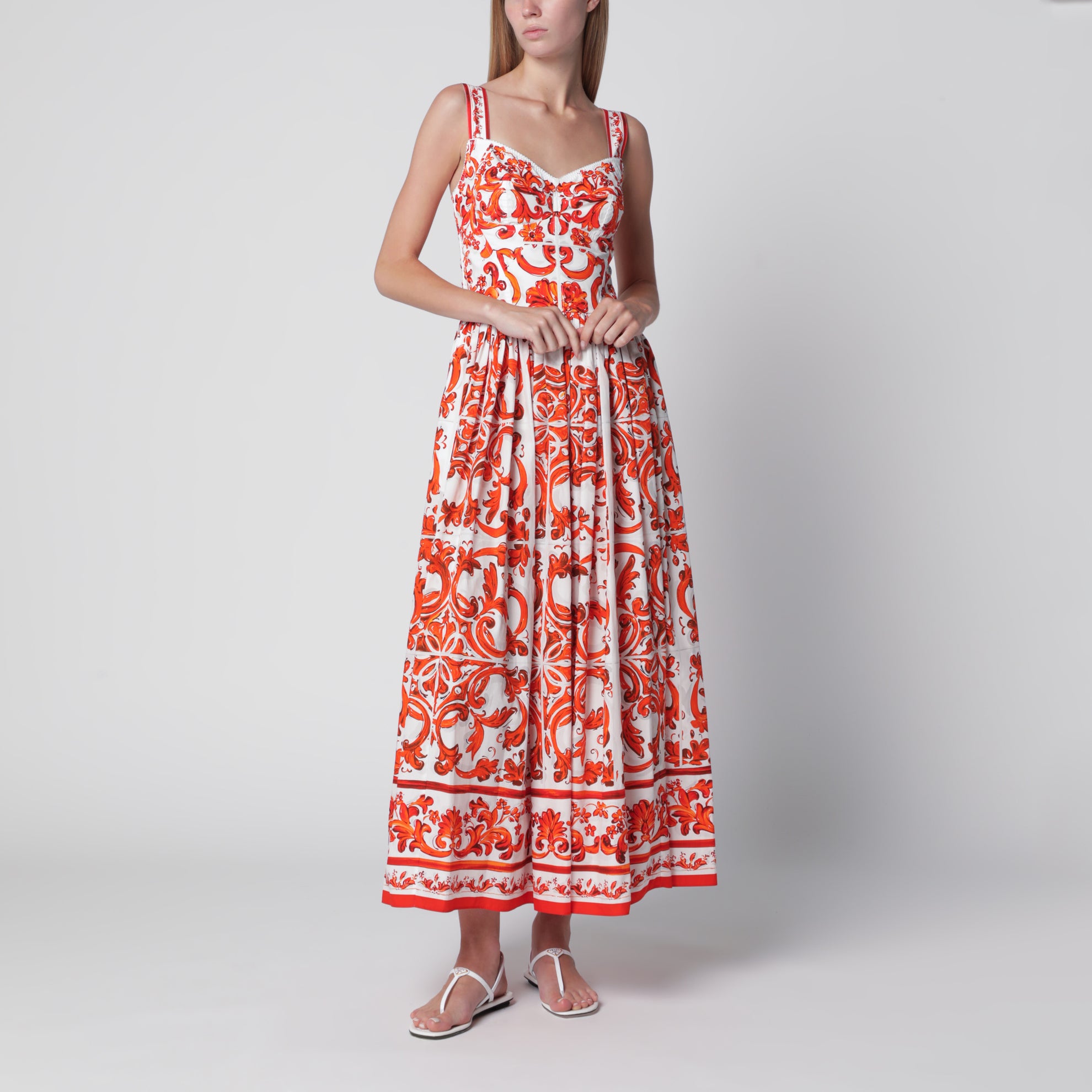 orange print poplin dress Dolce & Gabbana Maiolica Print Cotton Dress