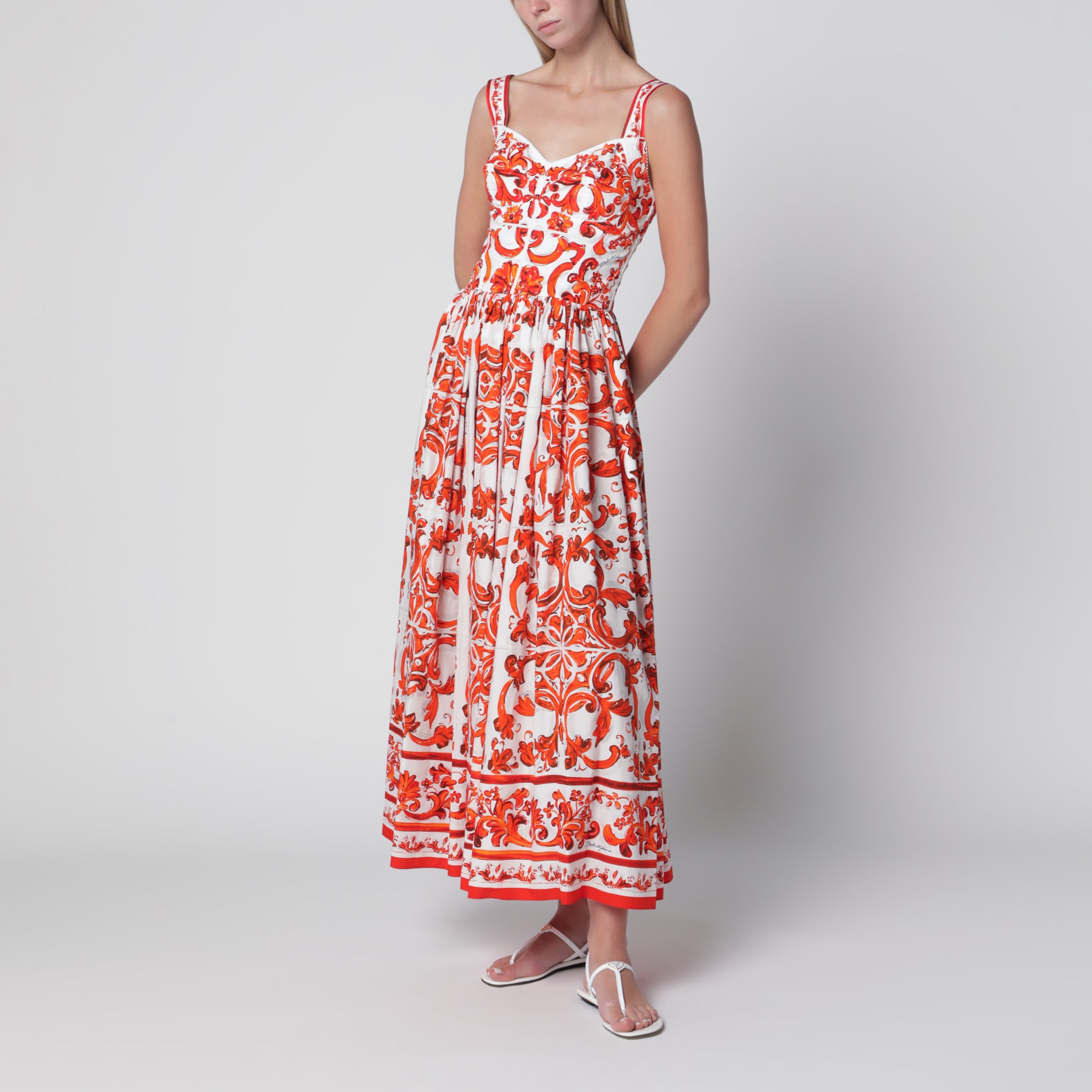 Langes Popelinekleid mit Majolika-Print in Orange