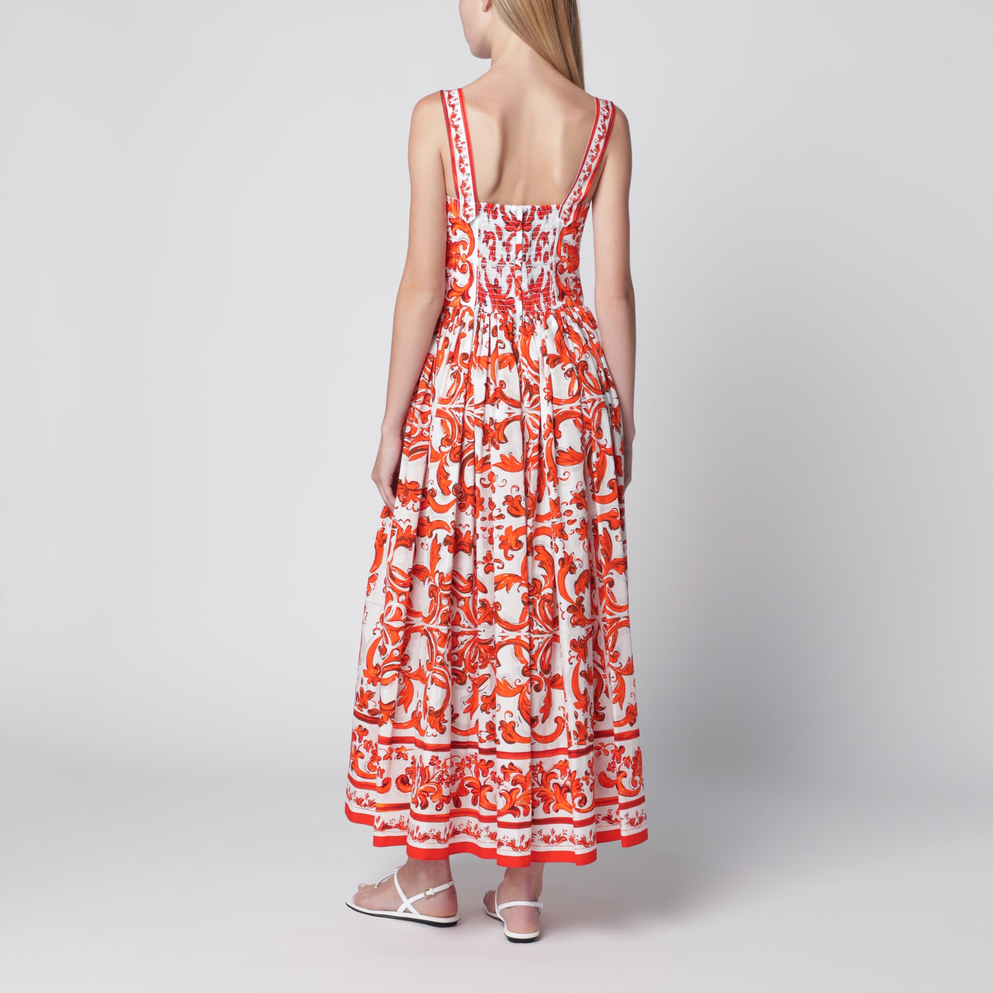 Langes Popelinekleid mit Majolika-Print in Orange