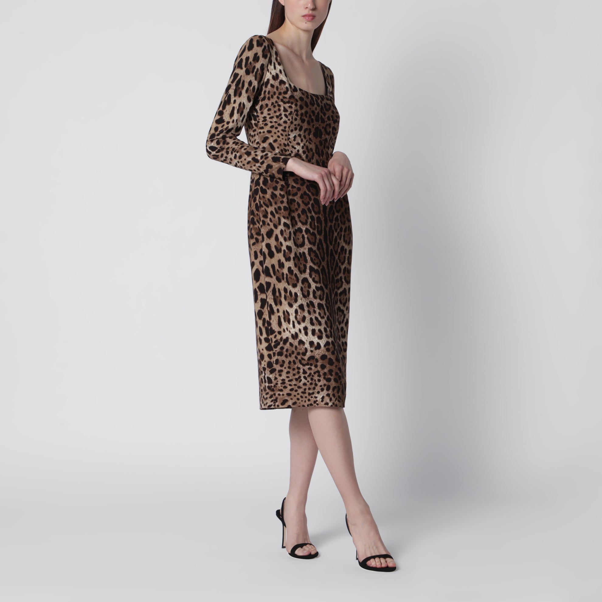 Leopard-print long-sleeve dress in viscose