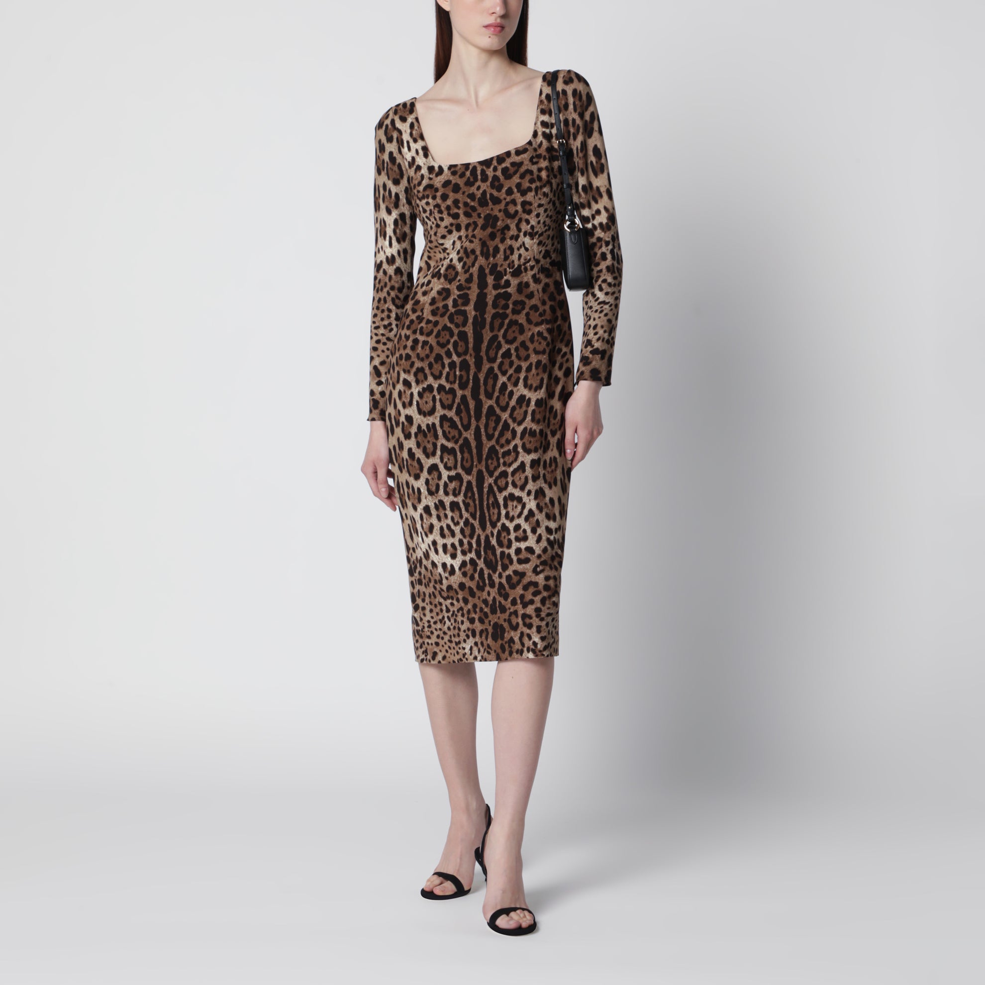 Leopard-print long-sleeve dress in viscose