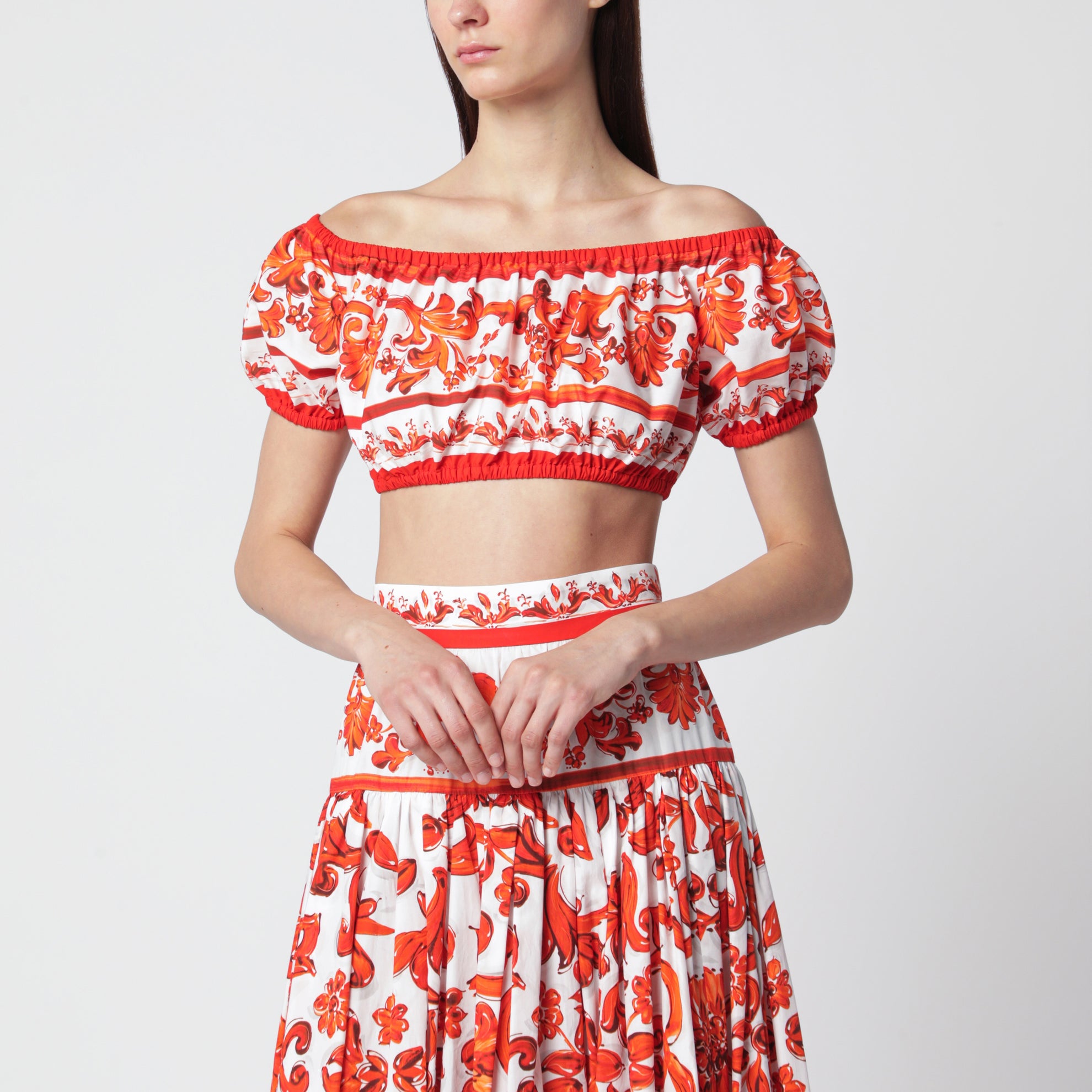 Top aus Baumwollpopeline mit Maiolica-Print in Orange