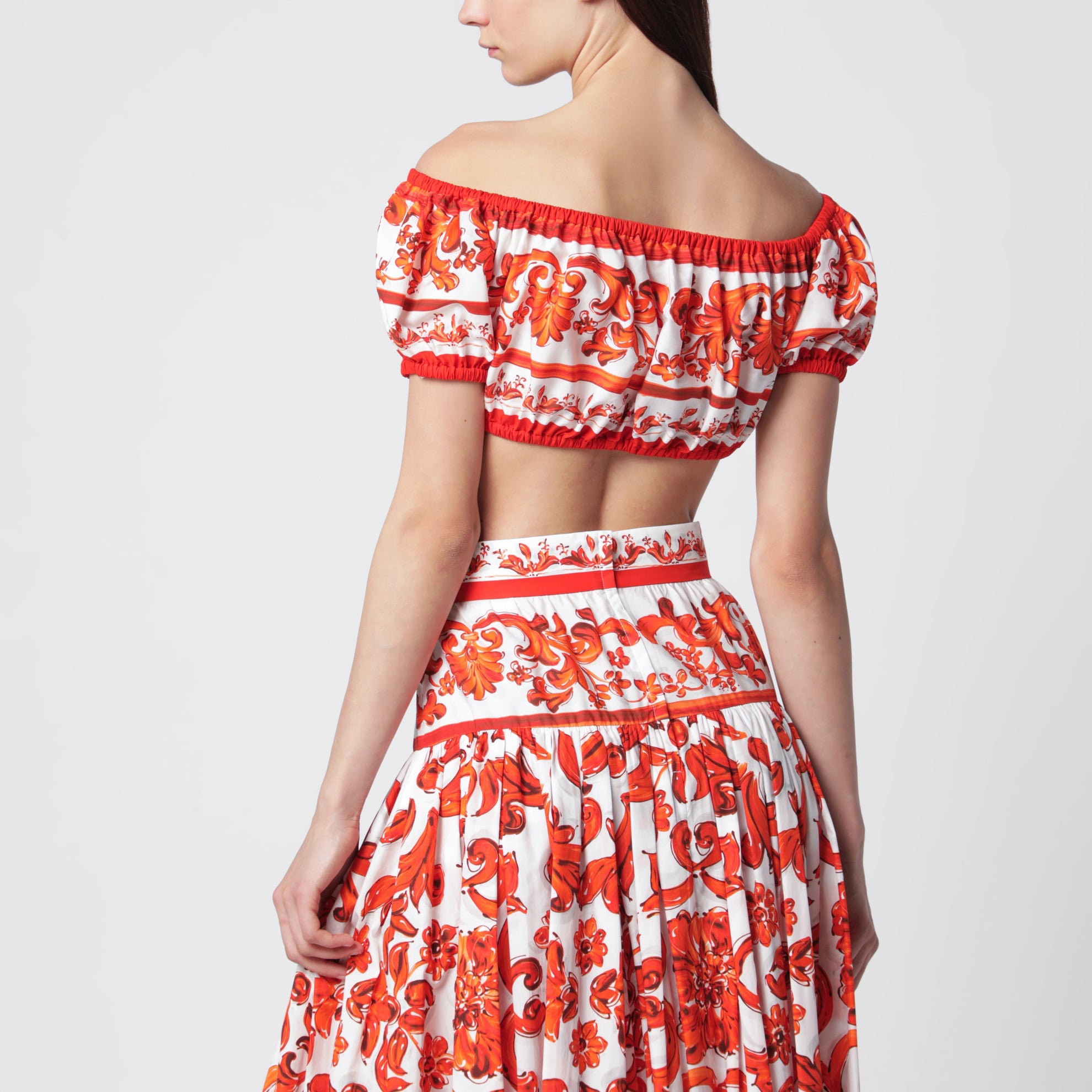 Top aus Baumwollpopeline mit Maiolica-Print in Orange