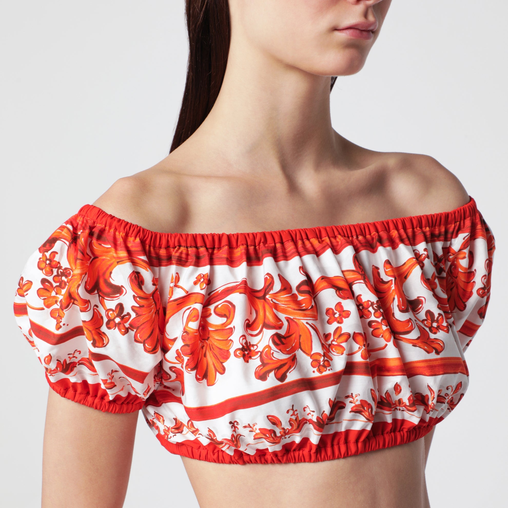 Top aus Baumwollpopeline mit Maiolica-Print in Orange