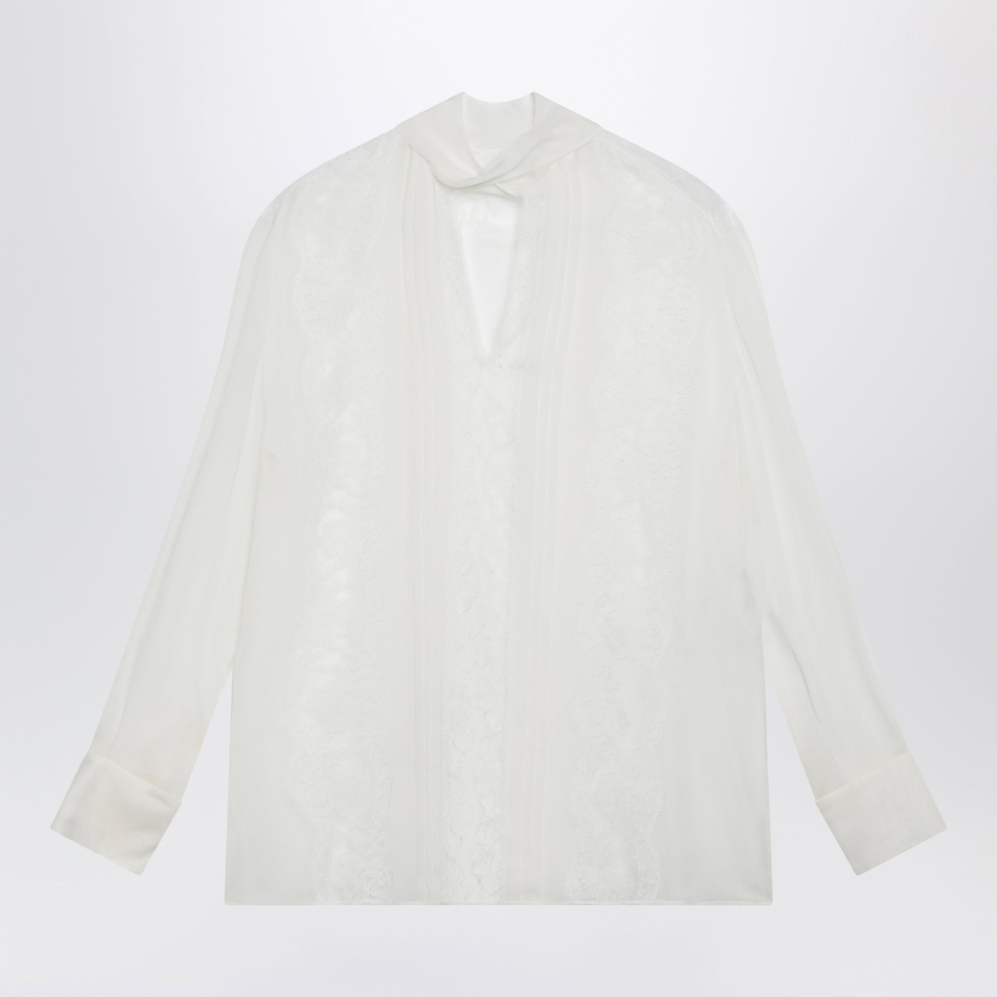Blouse avec lavallière en chiffon et dentelle écru