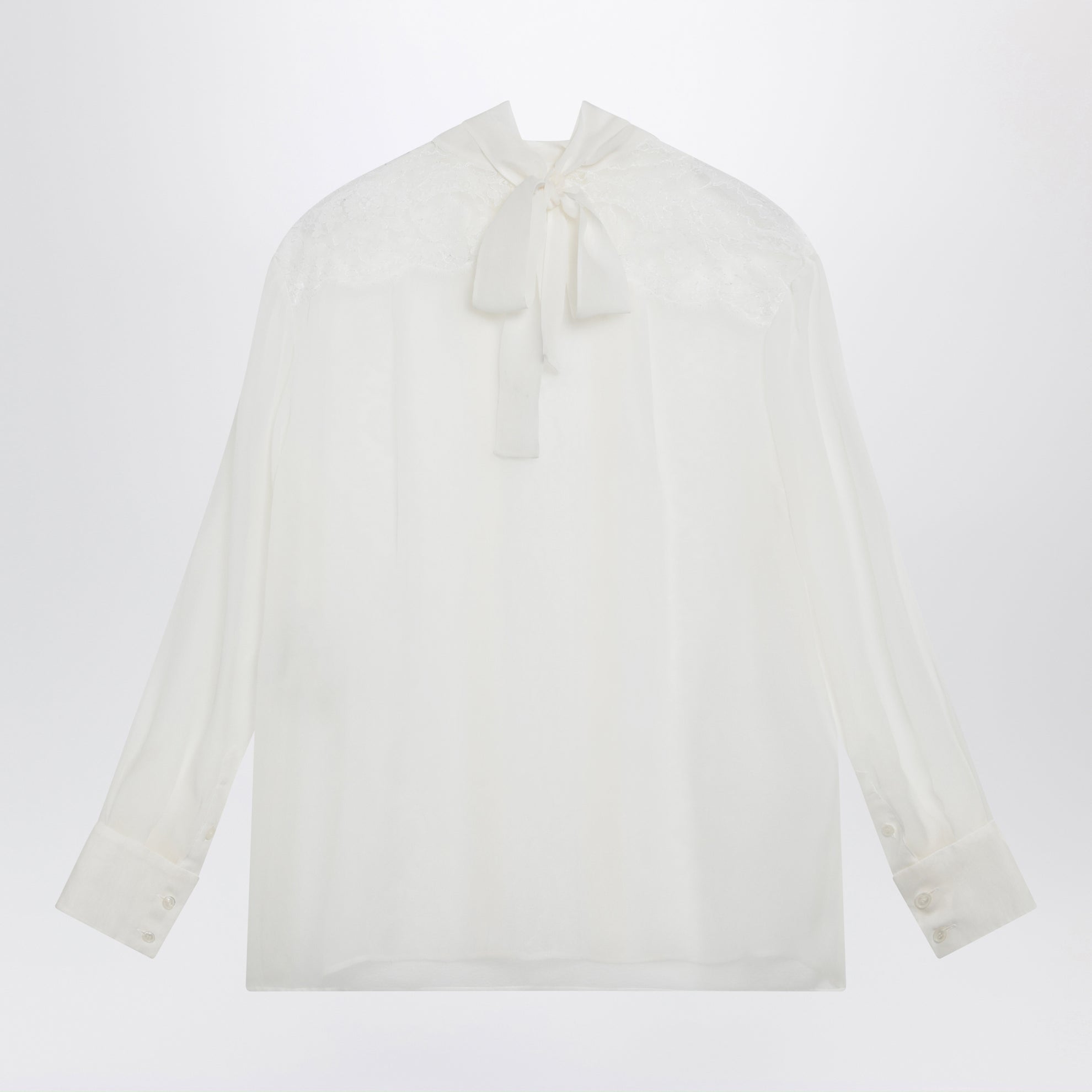 Blouse avec lavallière en chiffon et dentelle écru