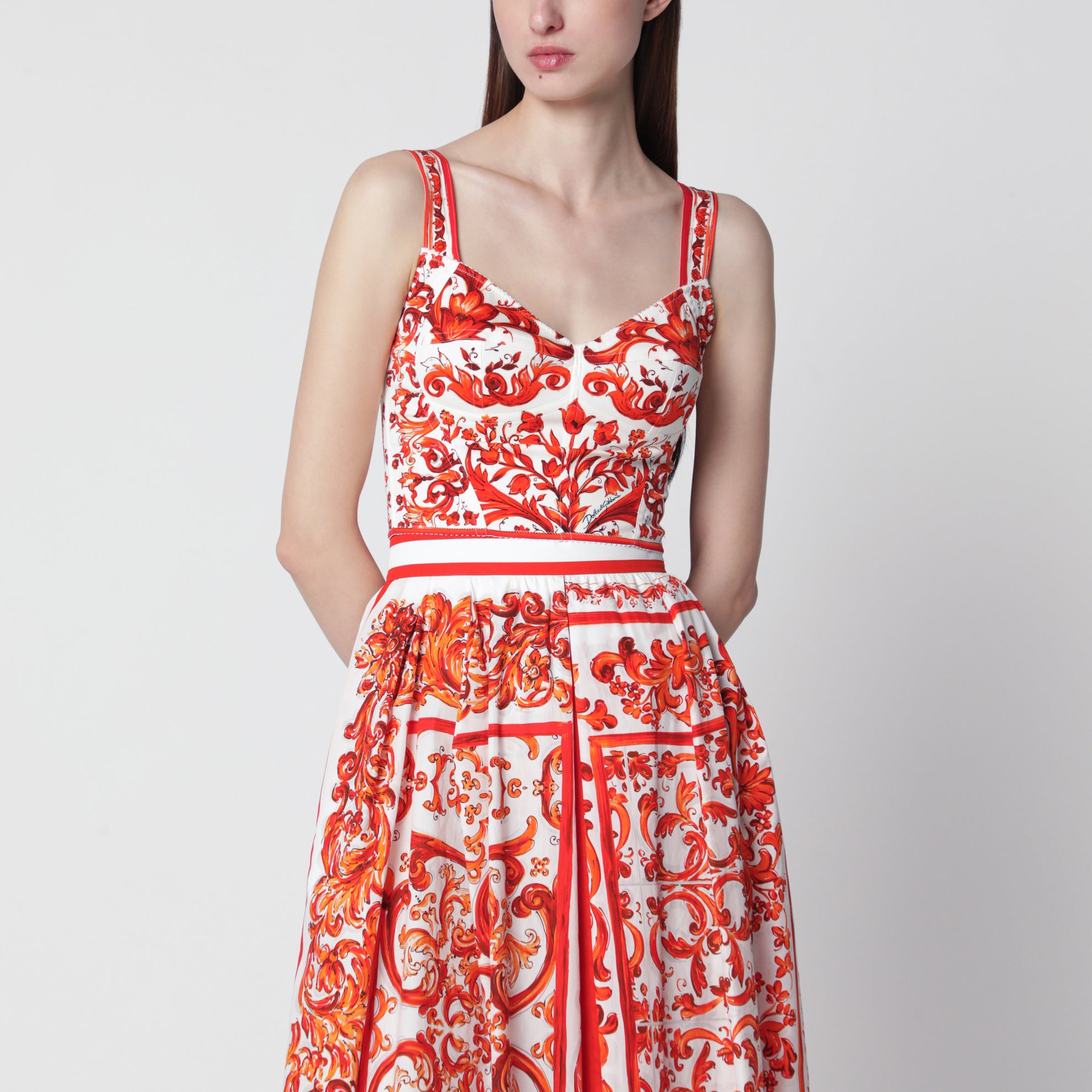 Top bustier in charmeuse con stampa Maiolica arancione