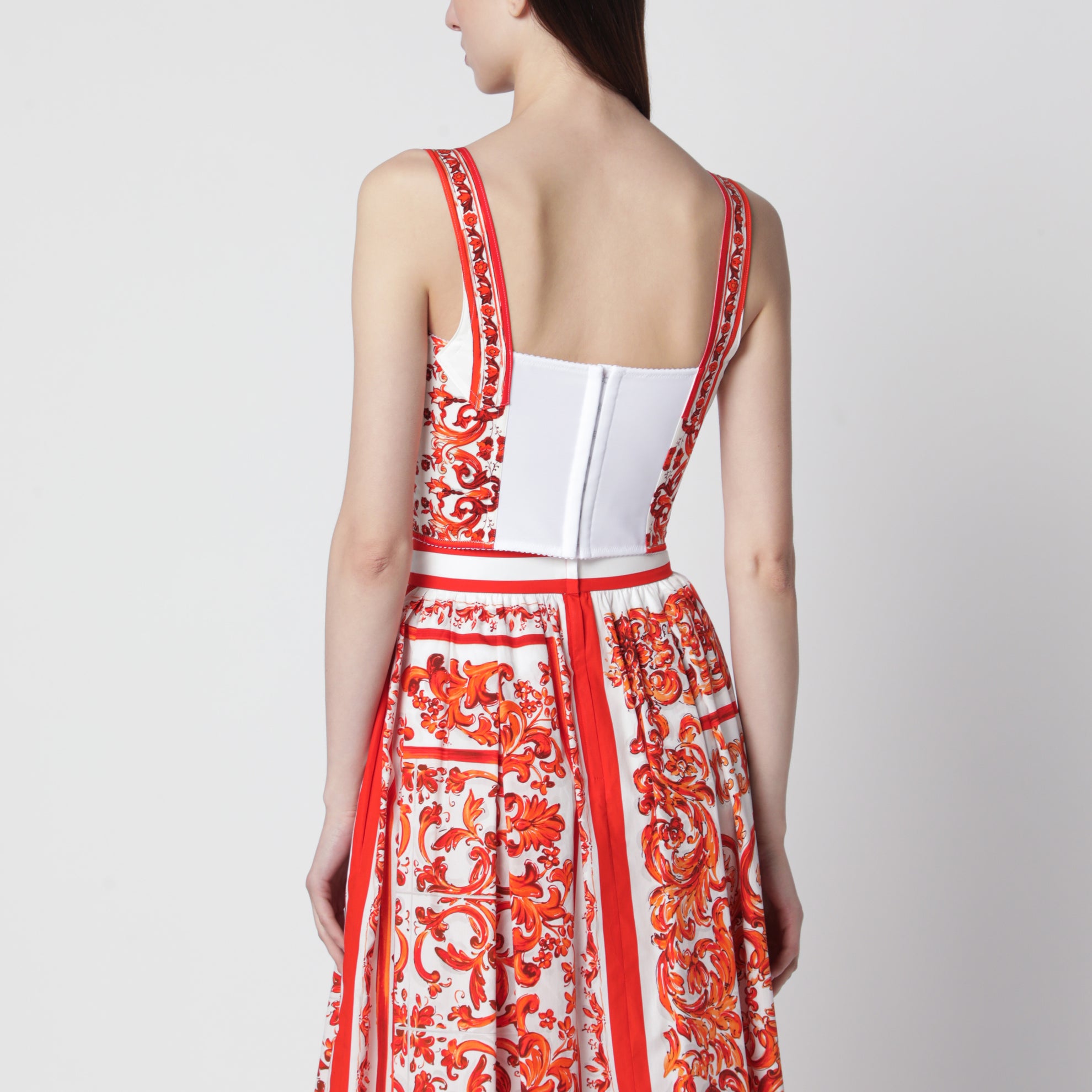 Top bustier in charmeuse con stampa Maiolica arancione