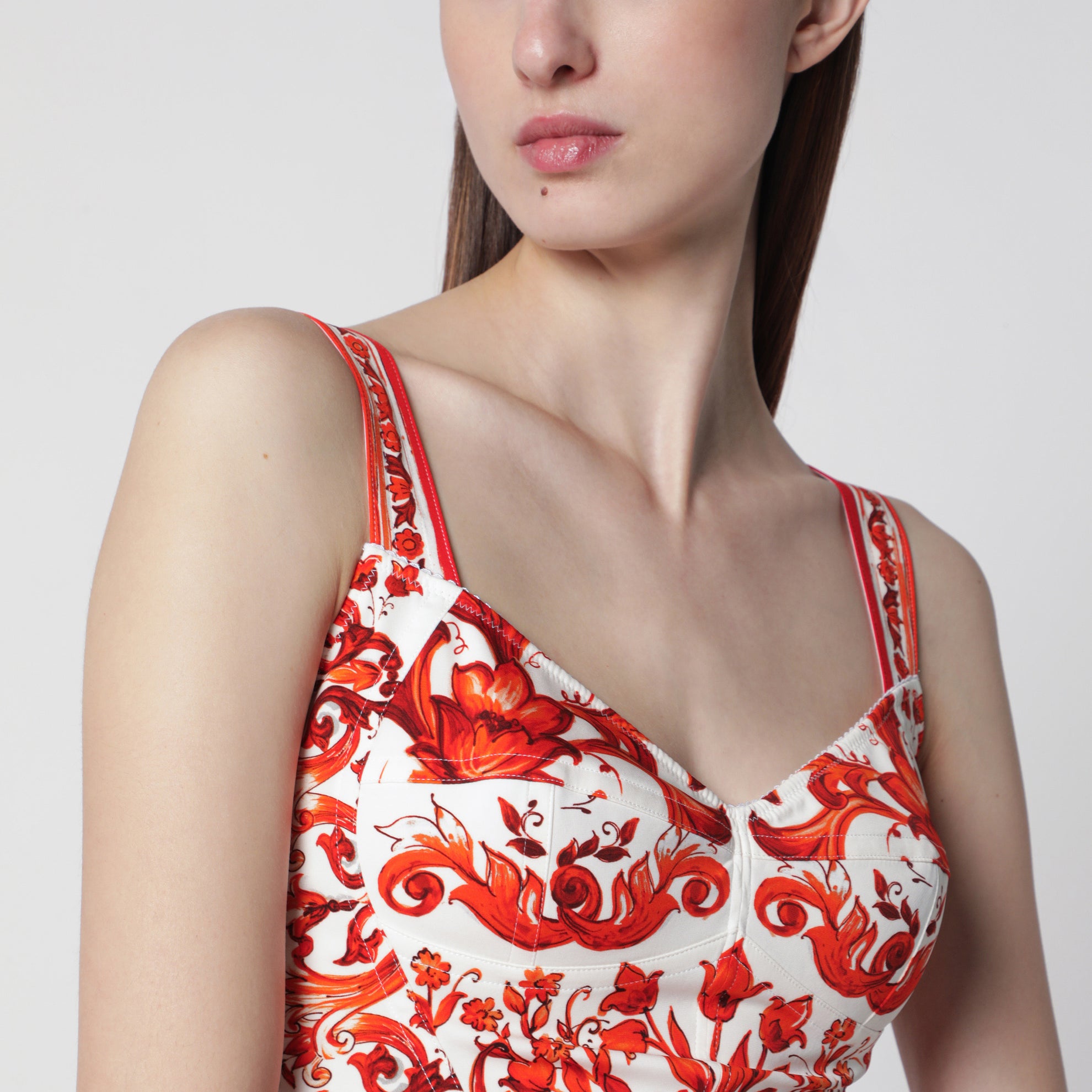 Top bustier in charmeuse con stampa Maiolica arancione