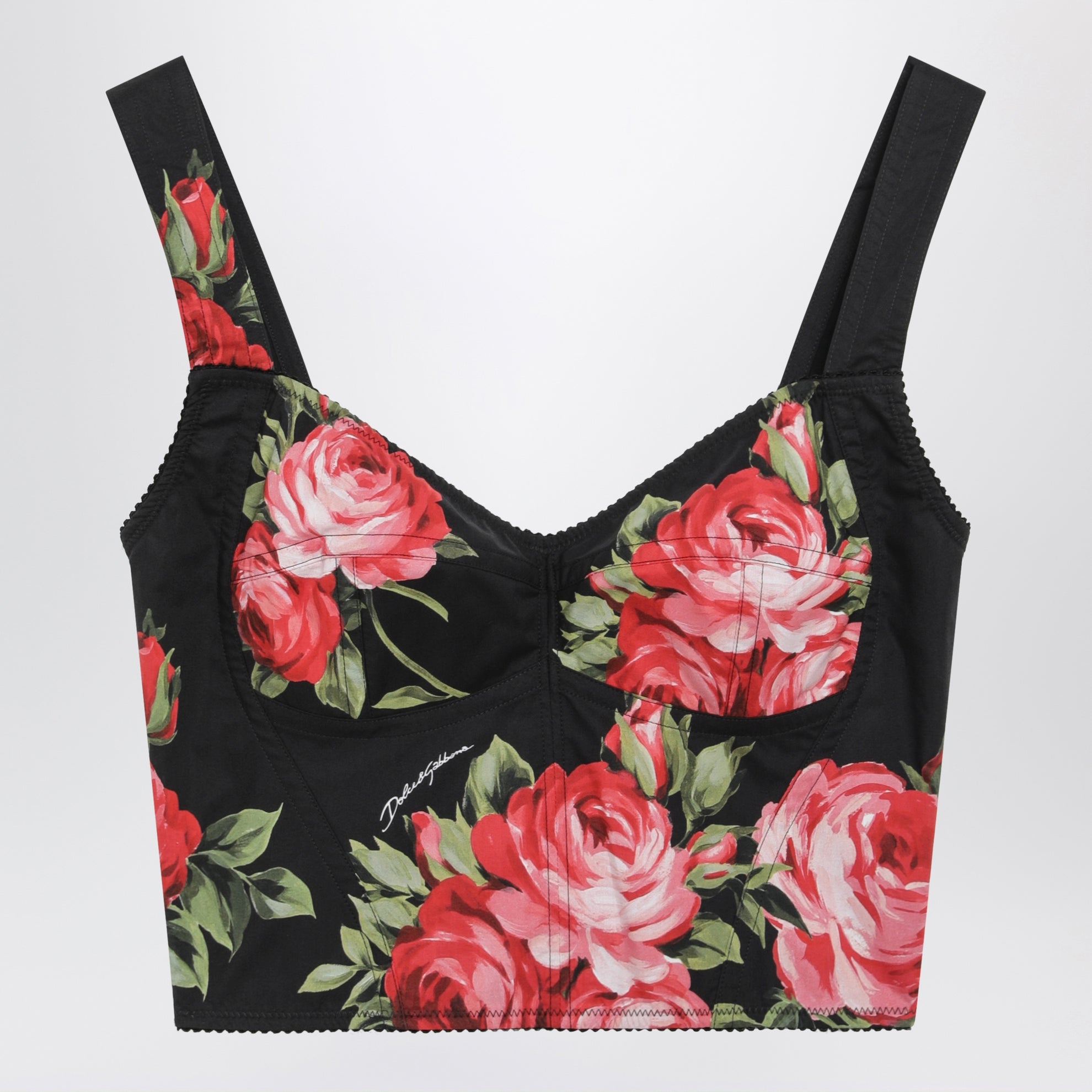 Bustier-Top mit Rosenbouquet-Print aus Baumwolle, schwarz