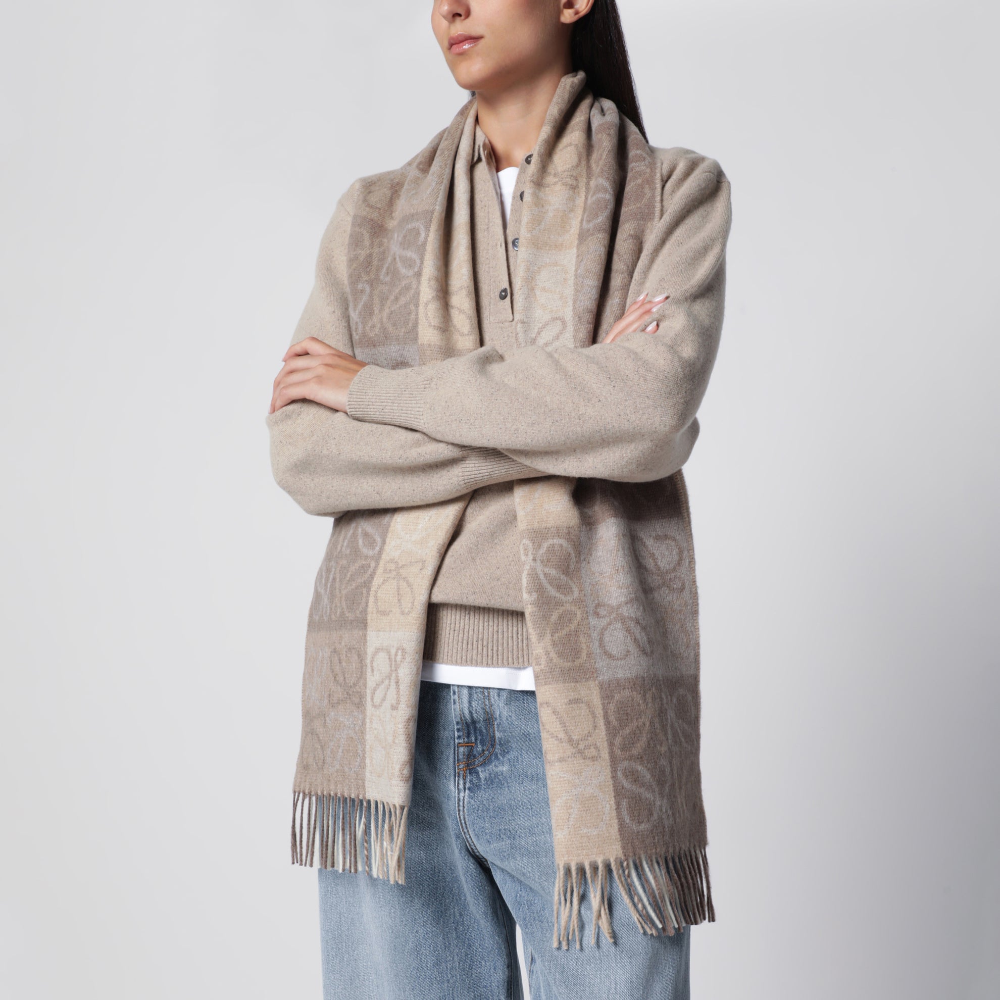 Anagram scarf in white/beige wool and cashmere