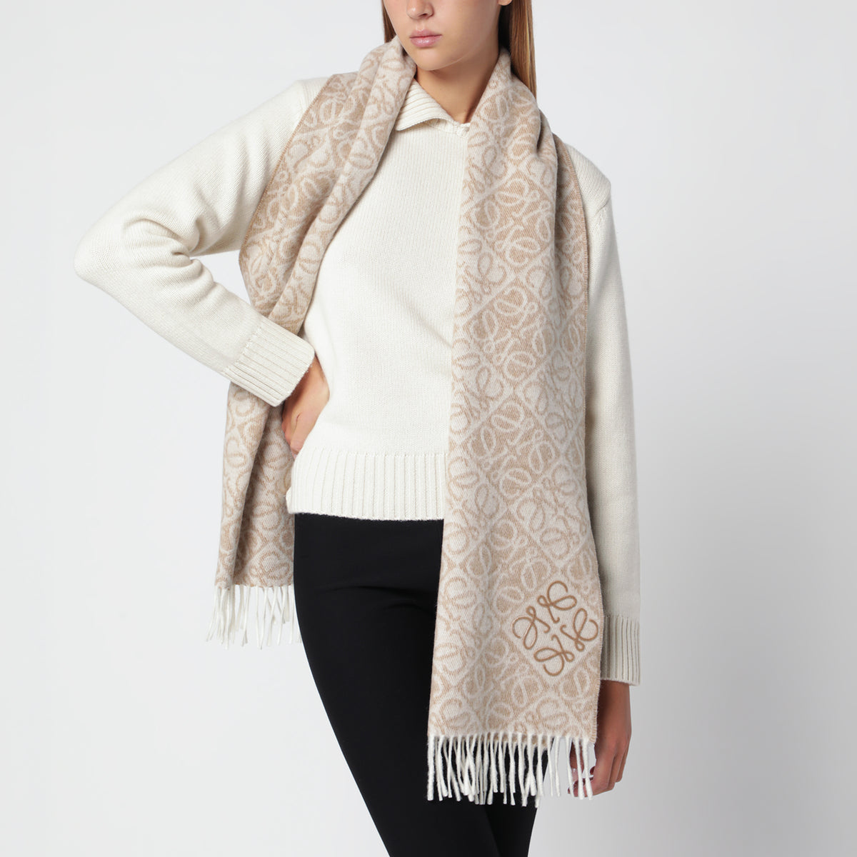 Beige Anagram wool and cashmere scarf