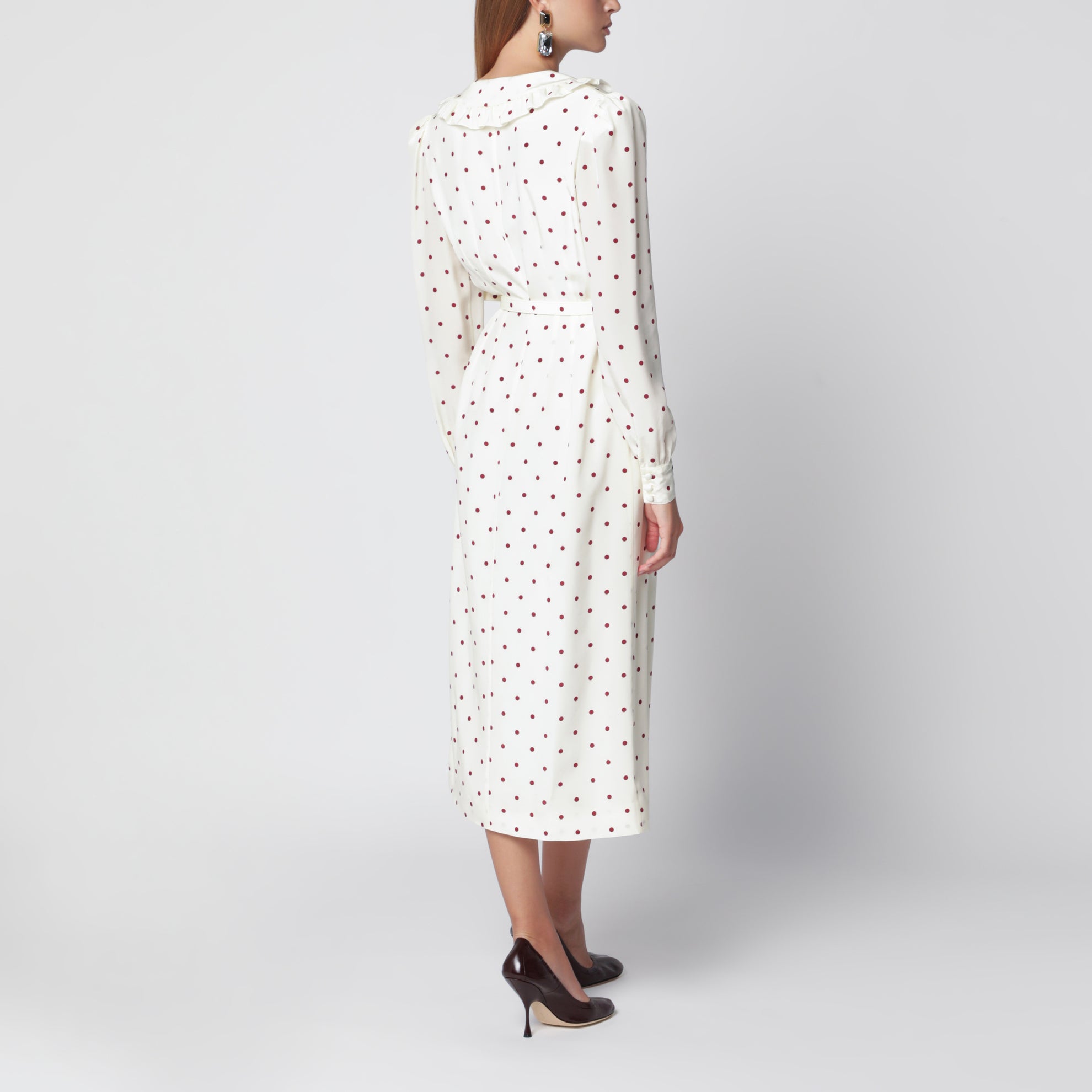 Robe midi en soie coloris crème à pois bordeaux