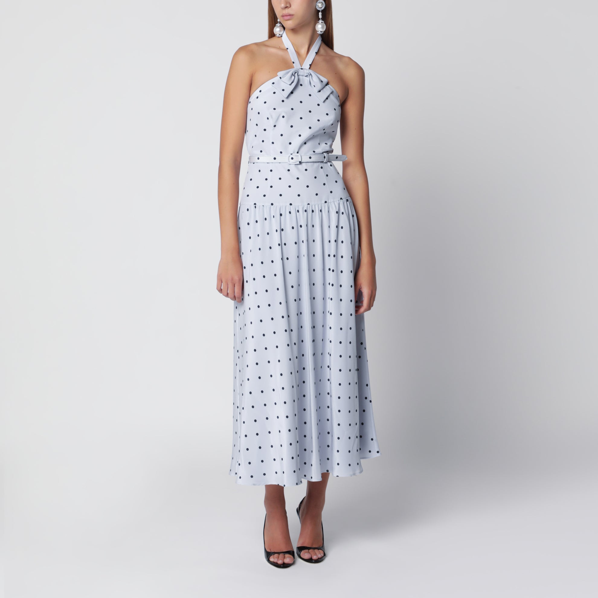 Abito midi azzurro a pois in seta