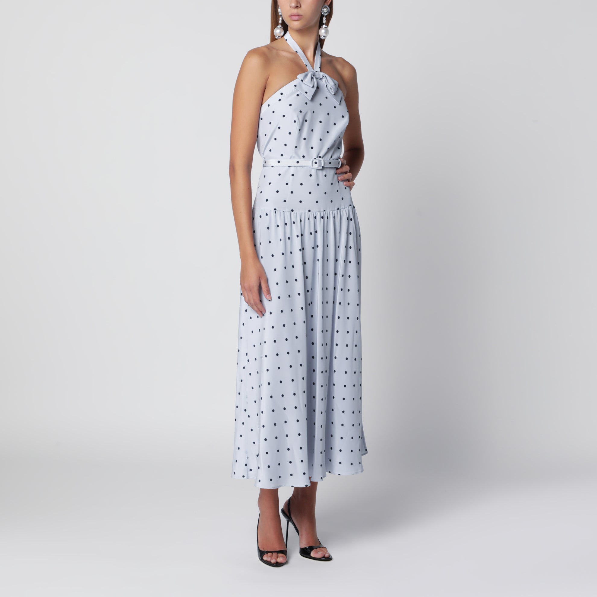 Abito midi azzurro a pois in seta