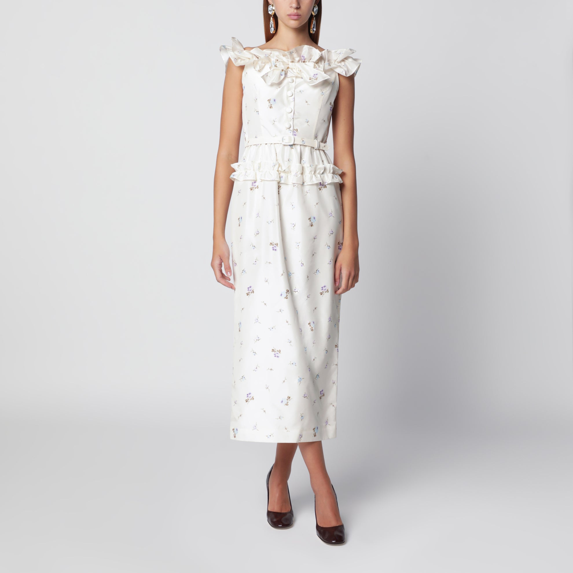 Weißes Midikleid aus Seide mit Blumenmuster