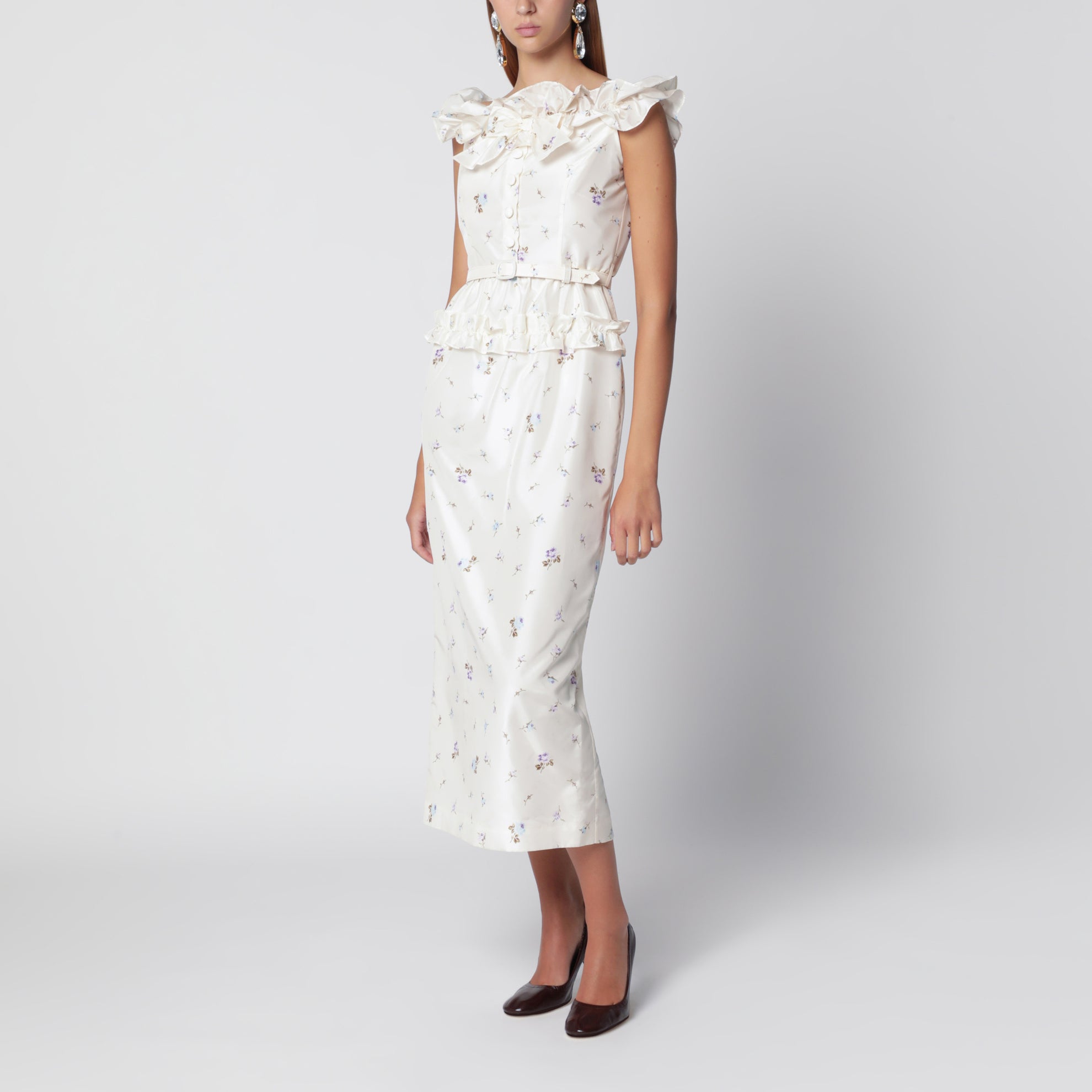 Weißes Midikleid aus Seide mit Blumenmuster